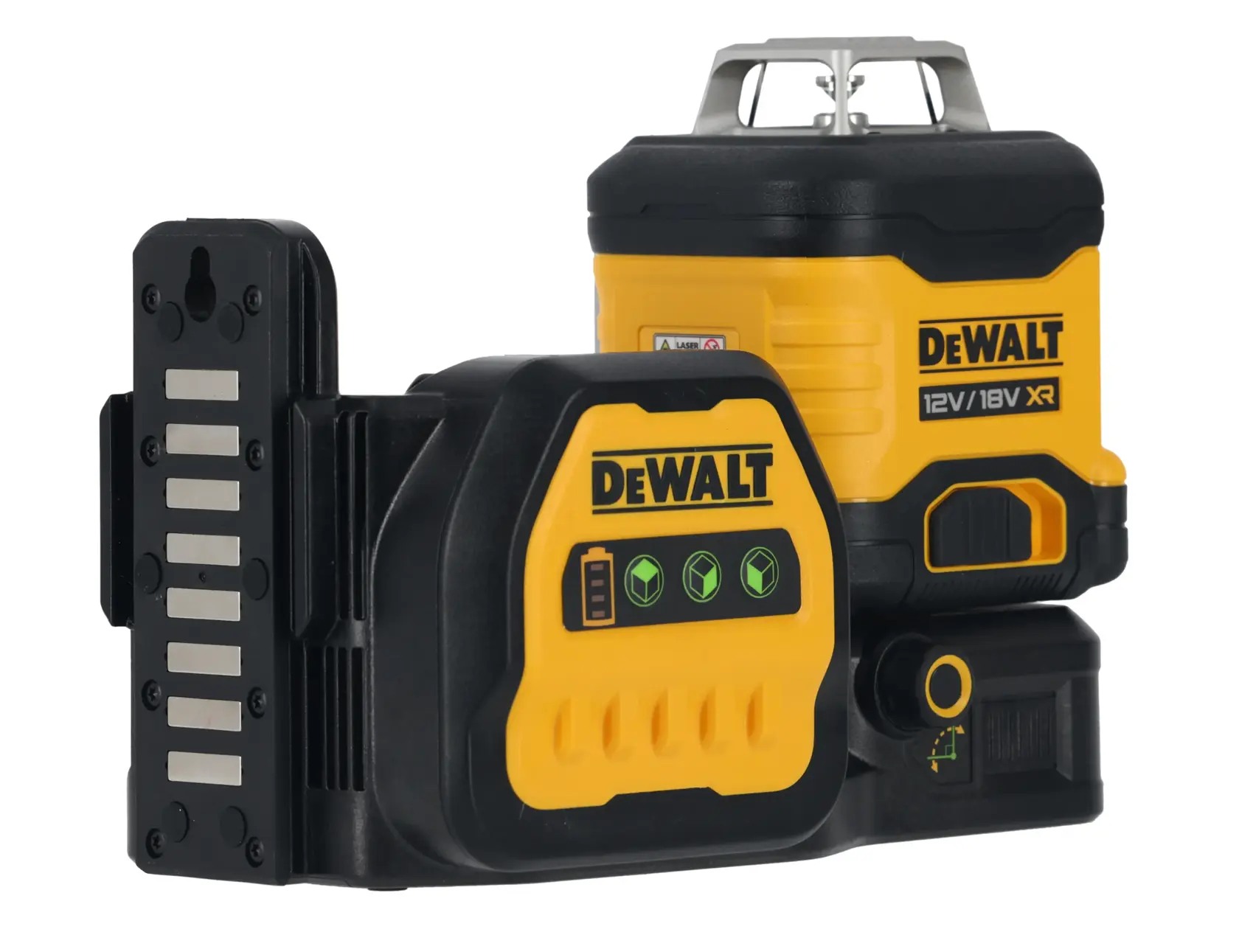 DEWALT DCE089NG18 yellow and black 3-line laser level for precise alignment, cordless and robust design.