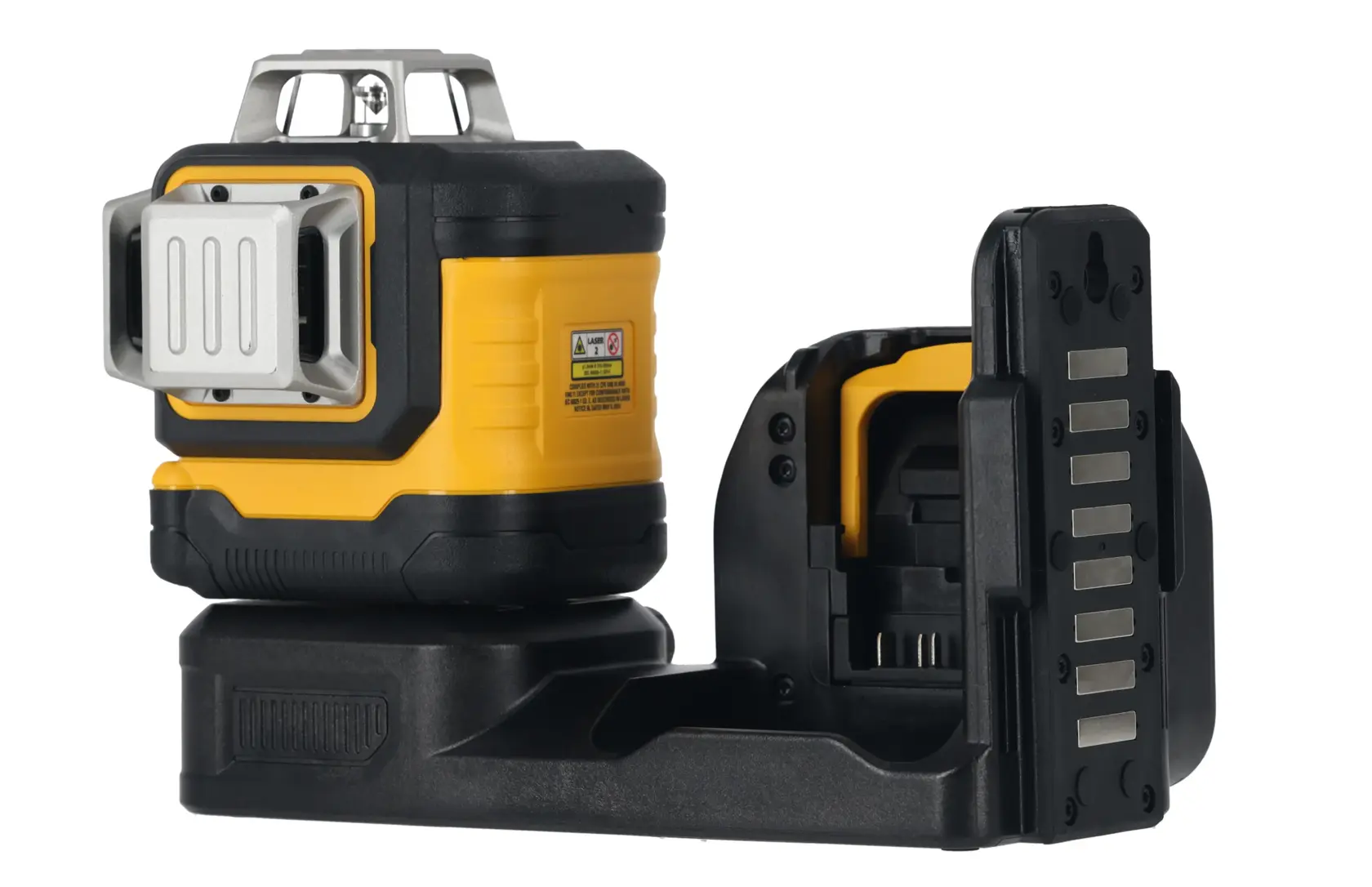 Yellow and black DEWALT laser level device with mounting bracket, shown on a white background.