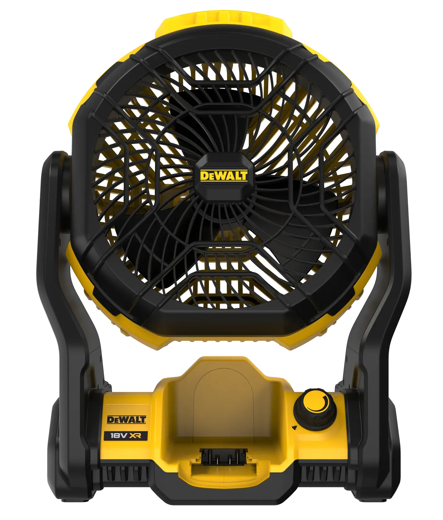 DEWALT portable fan for photography, model DCE512N, DCE512N-XJ. Black and yellow design.