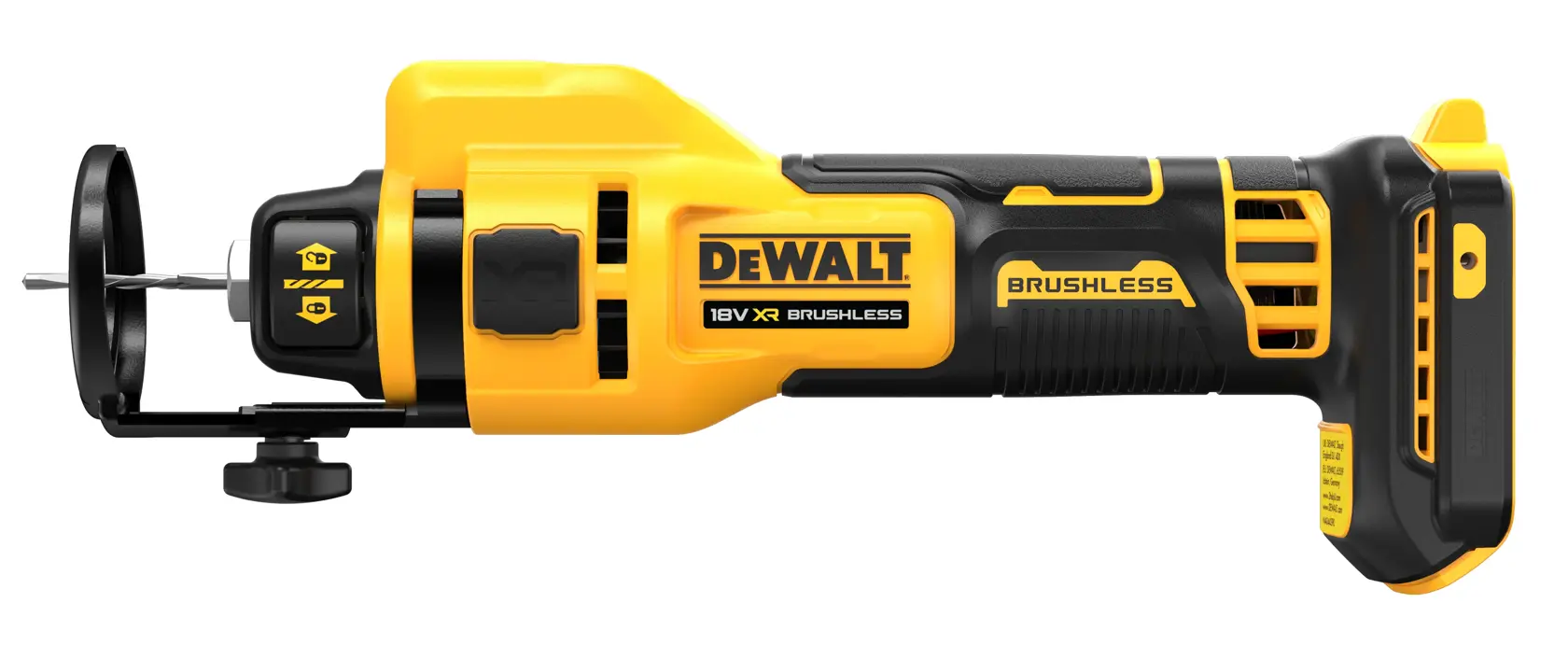 DEWALT DCE555N cordless rotary tool, yellow and black, brushless, side profile, no battery attached.