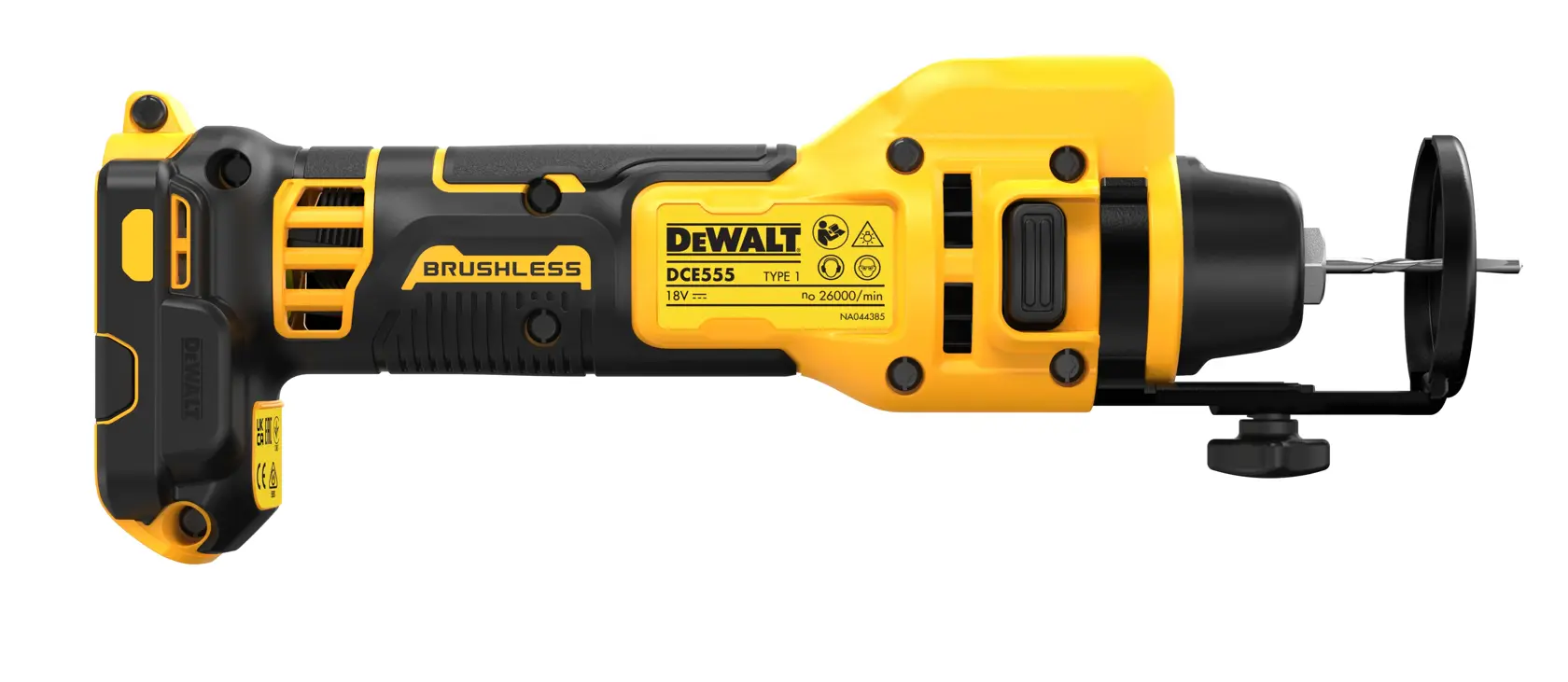DEWALT DCE555N 18V brushless cordless rotary tool, yellow and black, side view with cutting accessory.