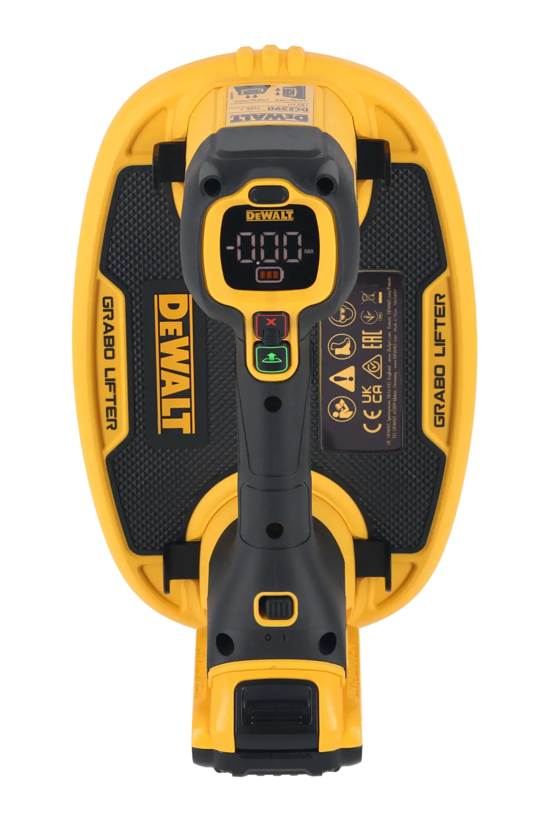 DEWALT Grabo Lifter, photography category, SKUs DCE590D1T-QW, DCE590D1T, yellow/black, top view.
