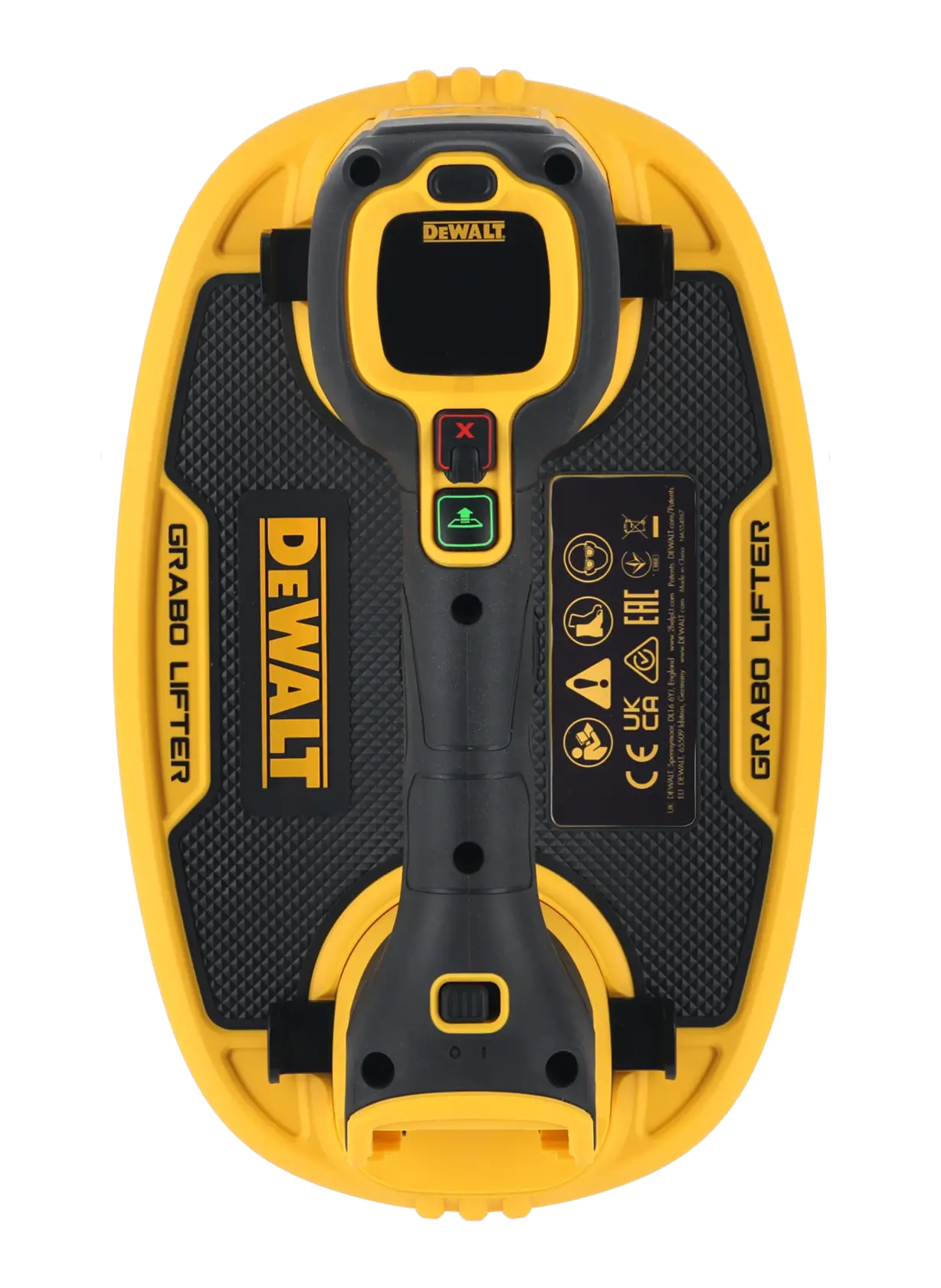 DEWALT GRABO Lifter tool in yellow and black, showing control buttons and branding on the handle and base.