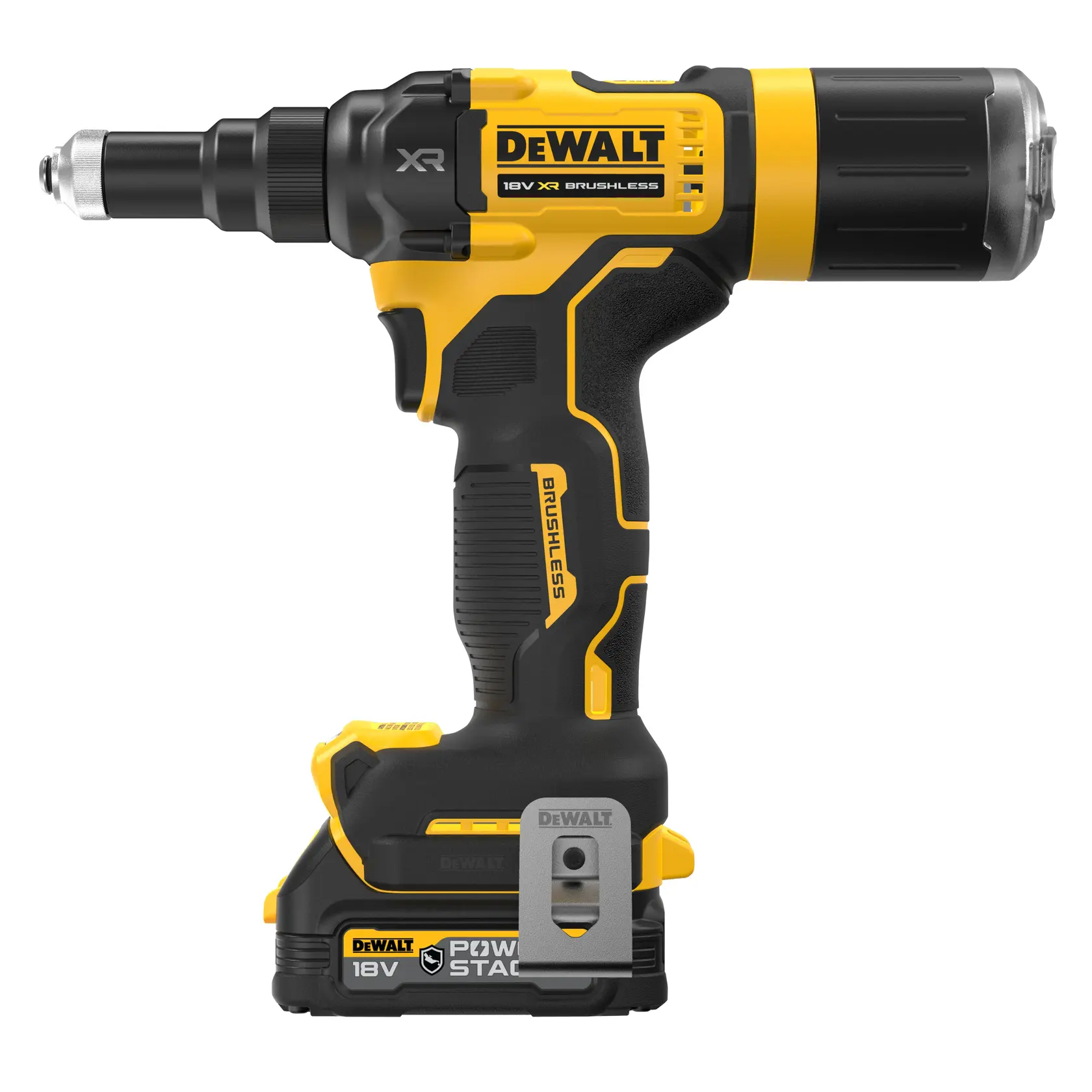 DEWALT 18V XR børsteløs batteridrevet verktøy med kompakt design, hovedsakelig svart og gul, med POWERSTACK-batteri festet nederst.