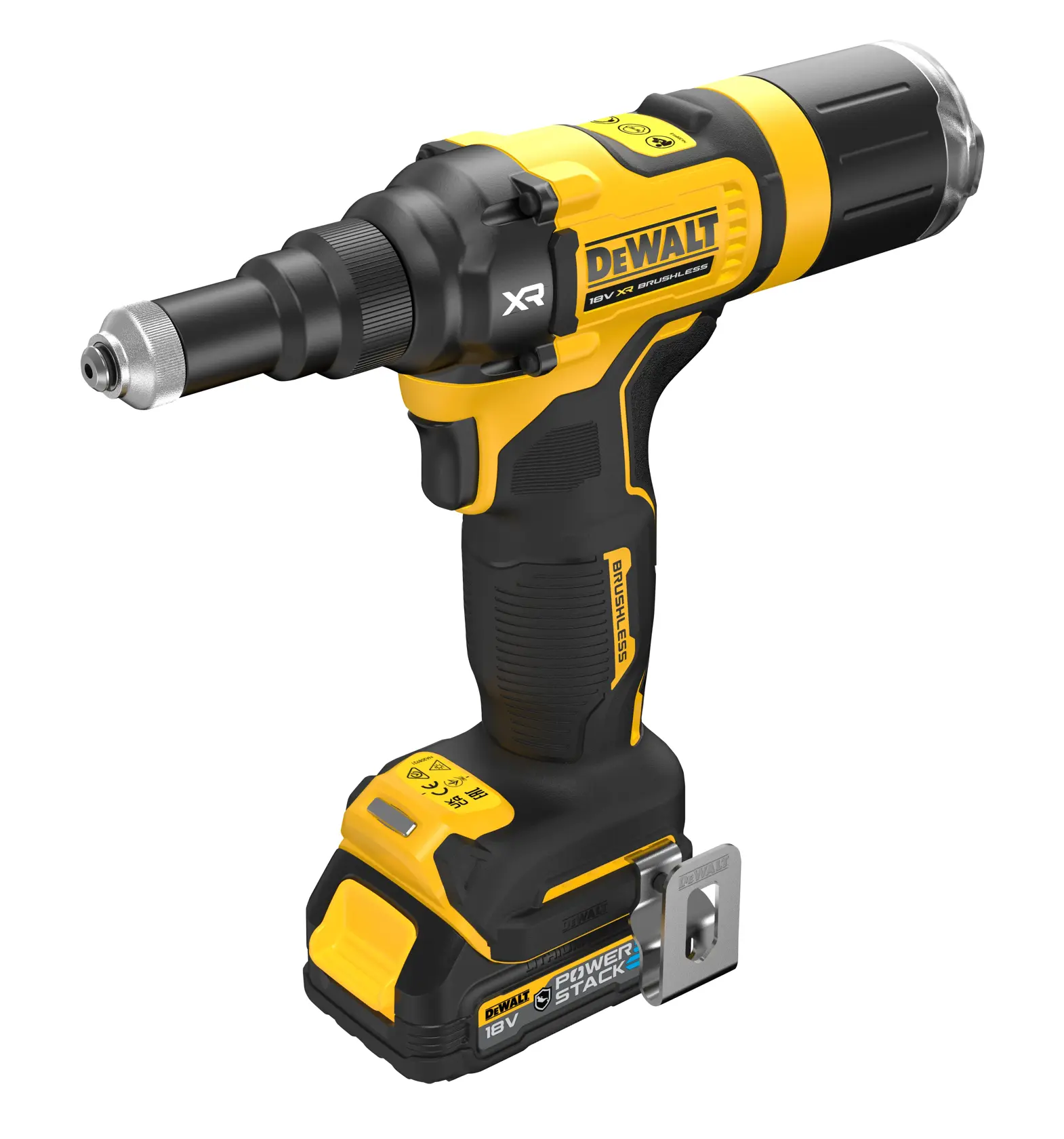 En DEWALT DCF403E1GT 18V trådløs, børsteløs skrutrekker med POWERSTACK-batteri, vist i gul og svart, beregnet for profesjonell bruk.