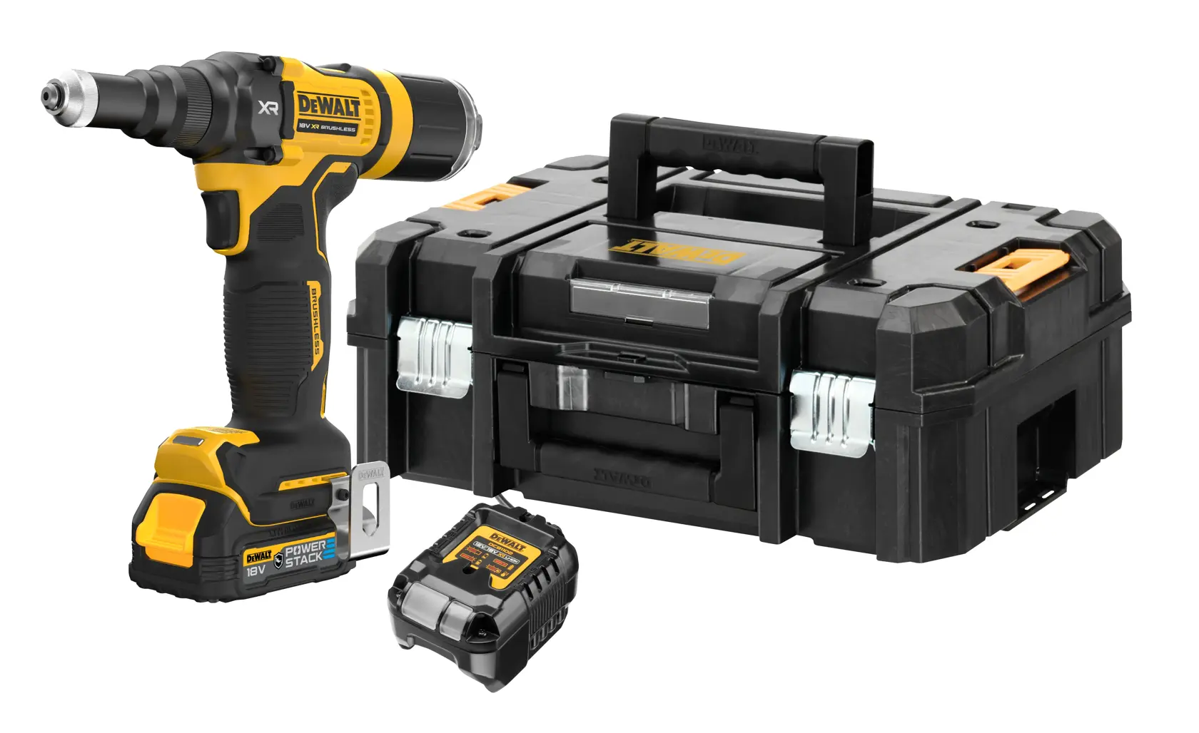 Et DEWALT batteridrevet verktøysett med en gul og svart drill, et batteri og en sort hardplast koffert med håndtak.
