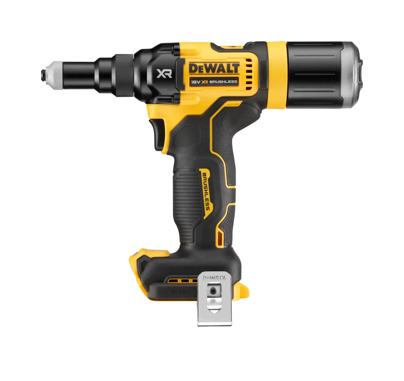 Et DEWALT DCF403NT 18V XR batteridrevet, børsteløs verktøy med svart og gul kropp, vist fra siden. Verktøyet har metall beltekrok og ergonomisk grep.