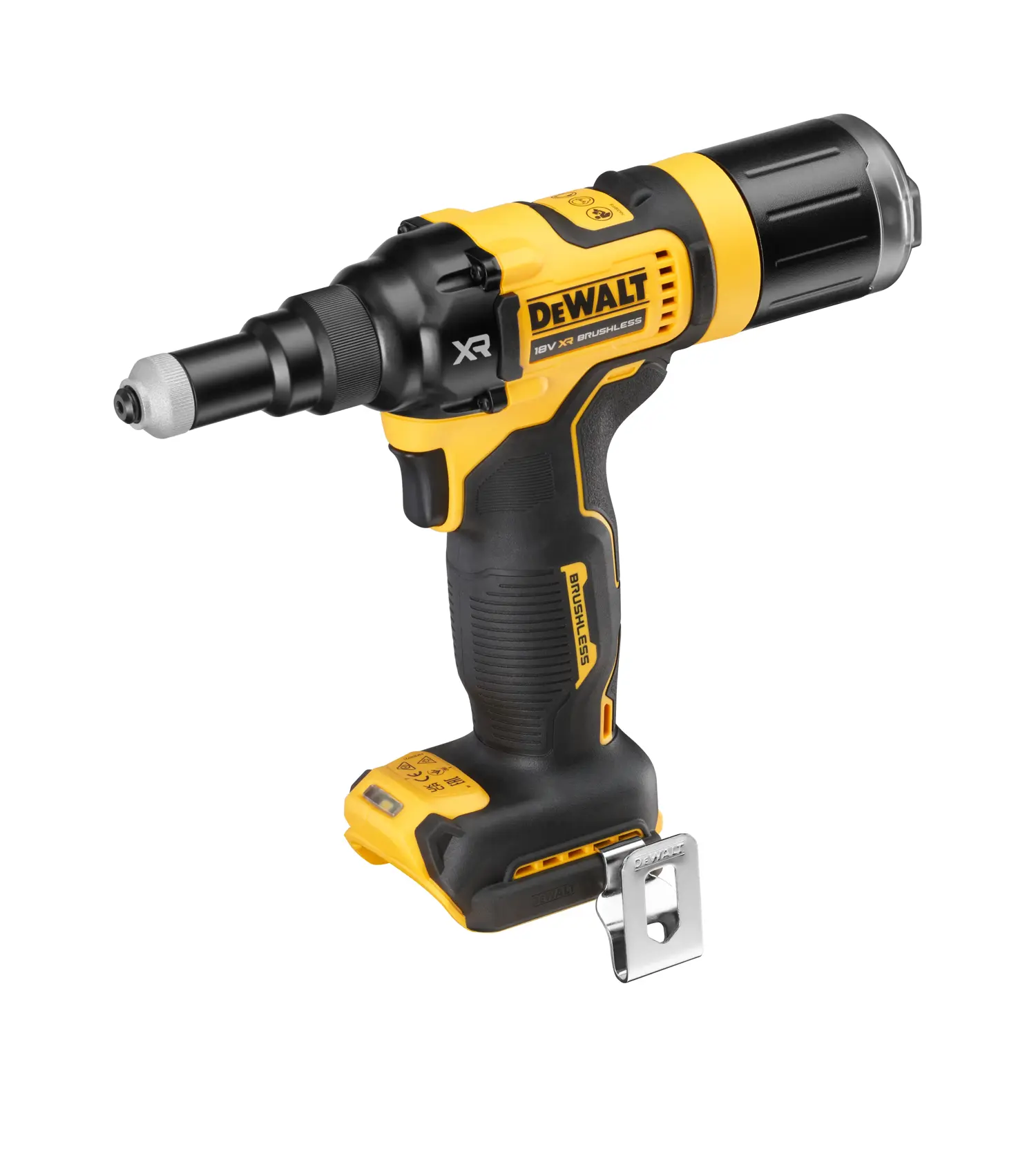 En DEWALT DCF403NT trådløs gipsskrutrekker, børsteløs, i gul og svart, designet for profesjonelt bruk innen bygg og installasjon.
