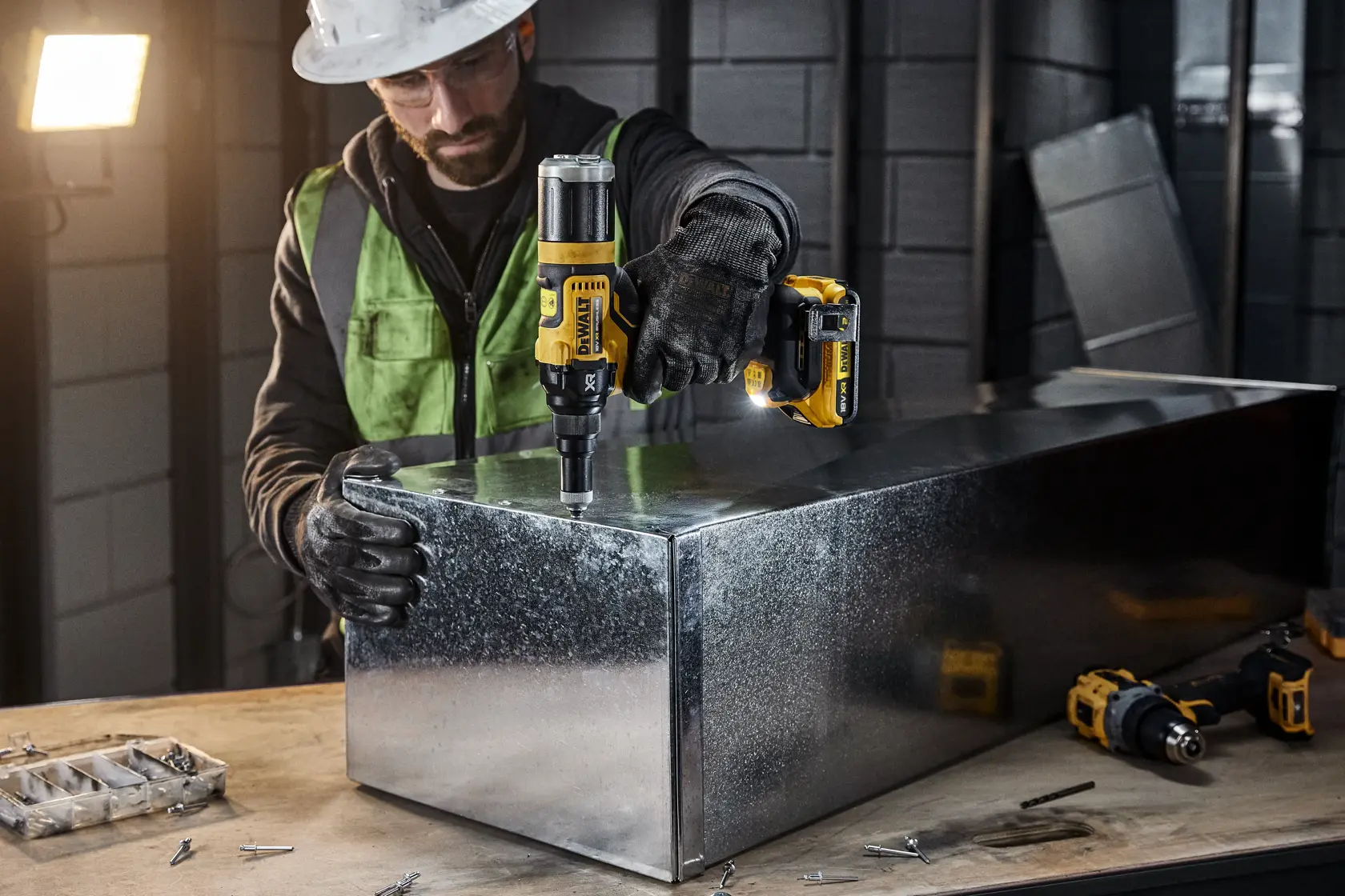 En person med sikkerhetsutstyr bruker en DEWALT DCF403NT batteridrevet verktøy for å arbeide på en metallboks i et industriverksted. Ulike skruer og verktøy er synlige på arbeidsbenken.