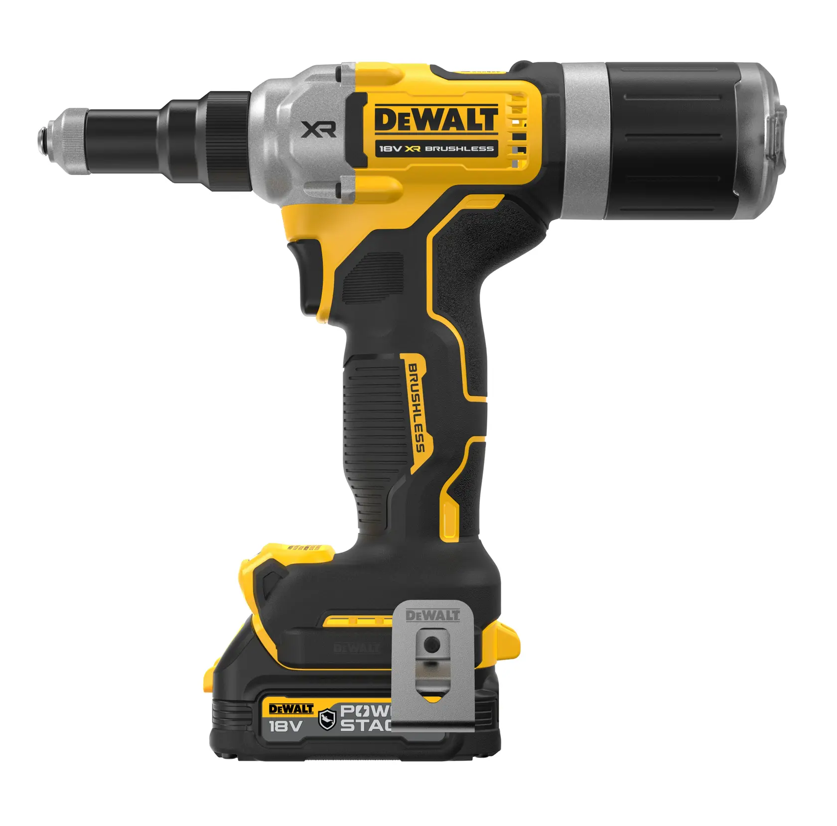 Et DEWALT 18V XR børsteløs trådløs elektroverktøy med gult og svart design, vist fra siden. Modellen ser ut til å være en DCF414E2GT popnagelpistol med et kompakt batteri festet nederst.