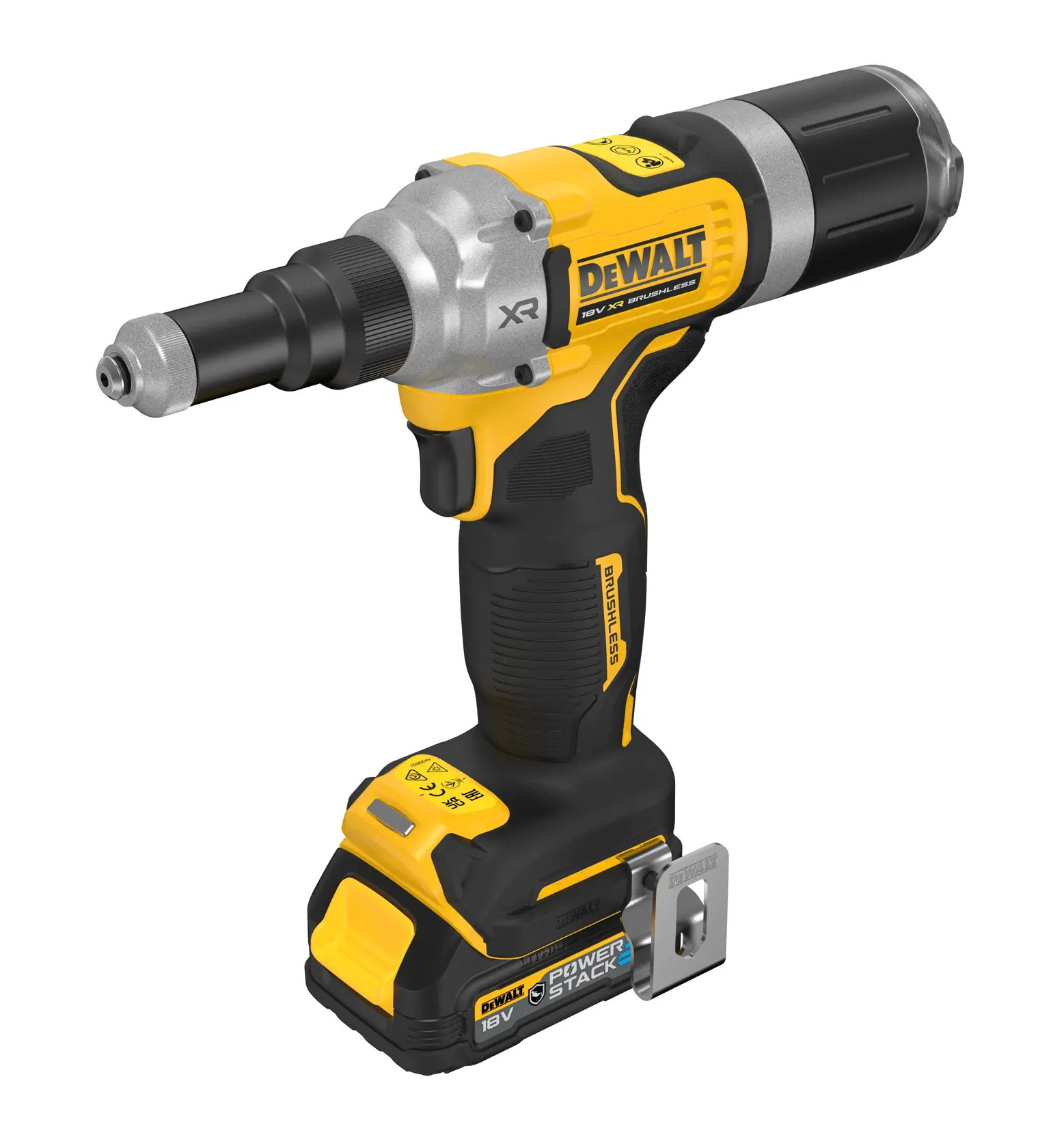 DEWALT DCF414E2GT trådløst verktøy med gult og svart design, brukt til festing og konstruksjonsoppgaver. Verktøyet har en 18V XR børsteløs motor og POWERSTACK-batteri.
