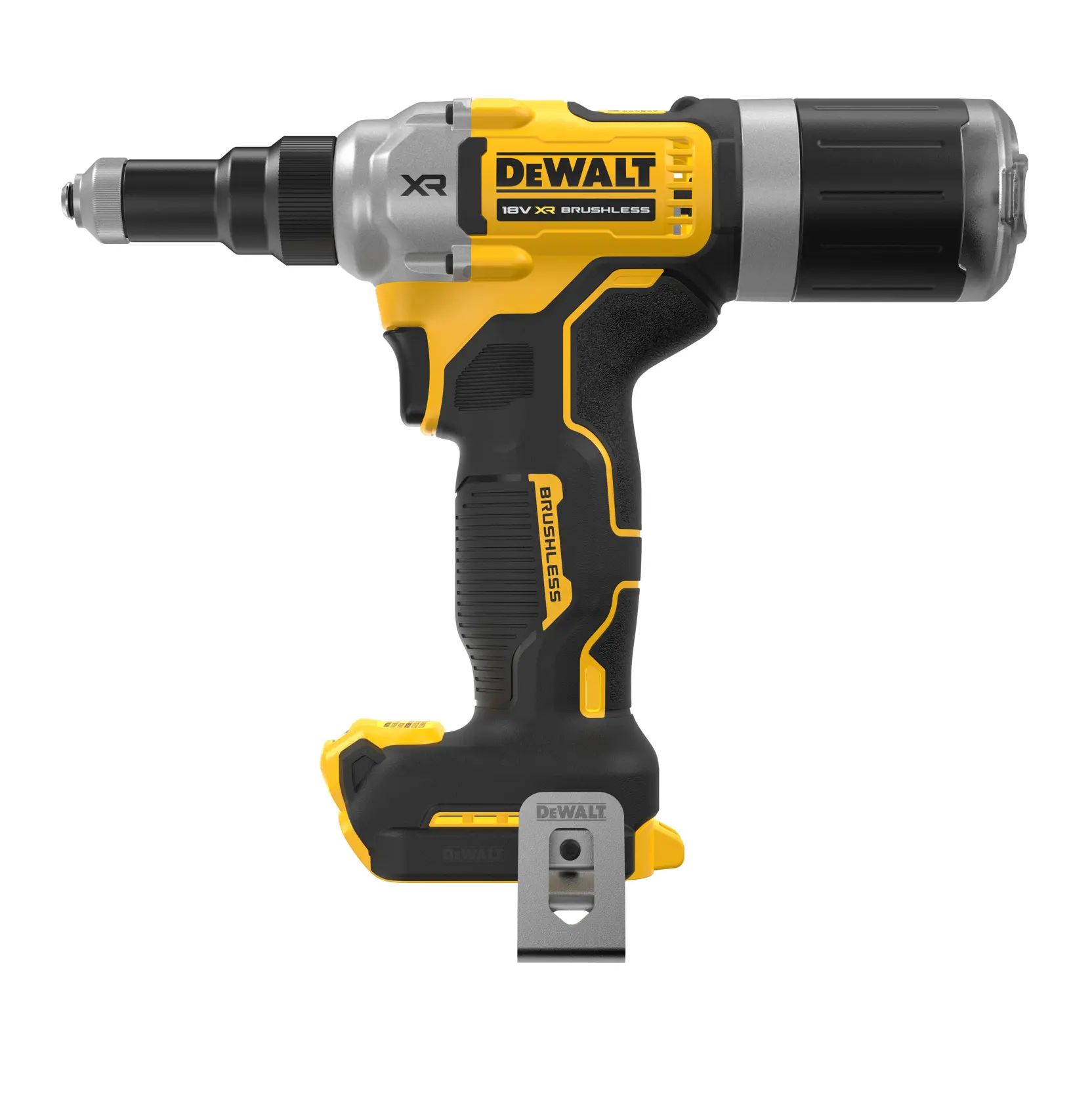 Et DEWALT 18V XR børsteløst batteriverktøy, modell DCF414NT, sett fra siden. Verktøyet er hovedsakelig gult og svart med sølv- og metallfargede detaljer, kompakt og ergonomisk utforming med belteklips. Bildet viser verktøyet uten batteri.