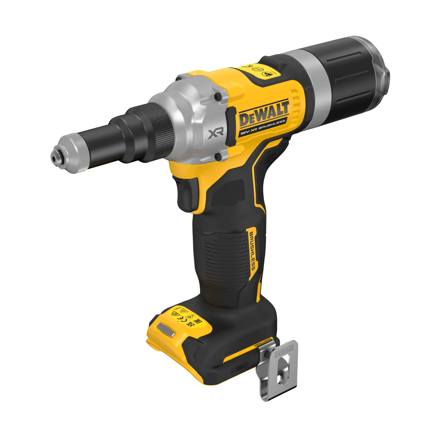 DEWALT DCF414NT batteridrevet verktøy vist i gul og svart med børsteløs motor og metallfeste. Verktøyet er laget for industri- og byggebruk.