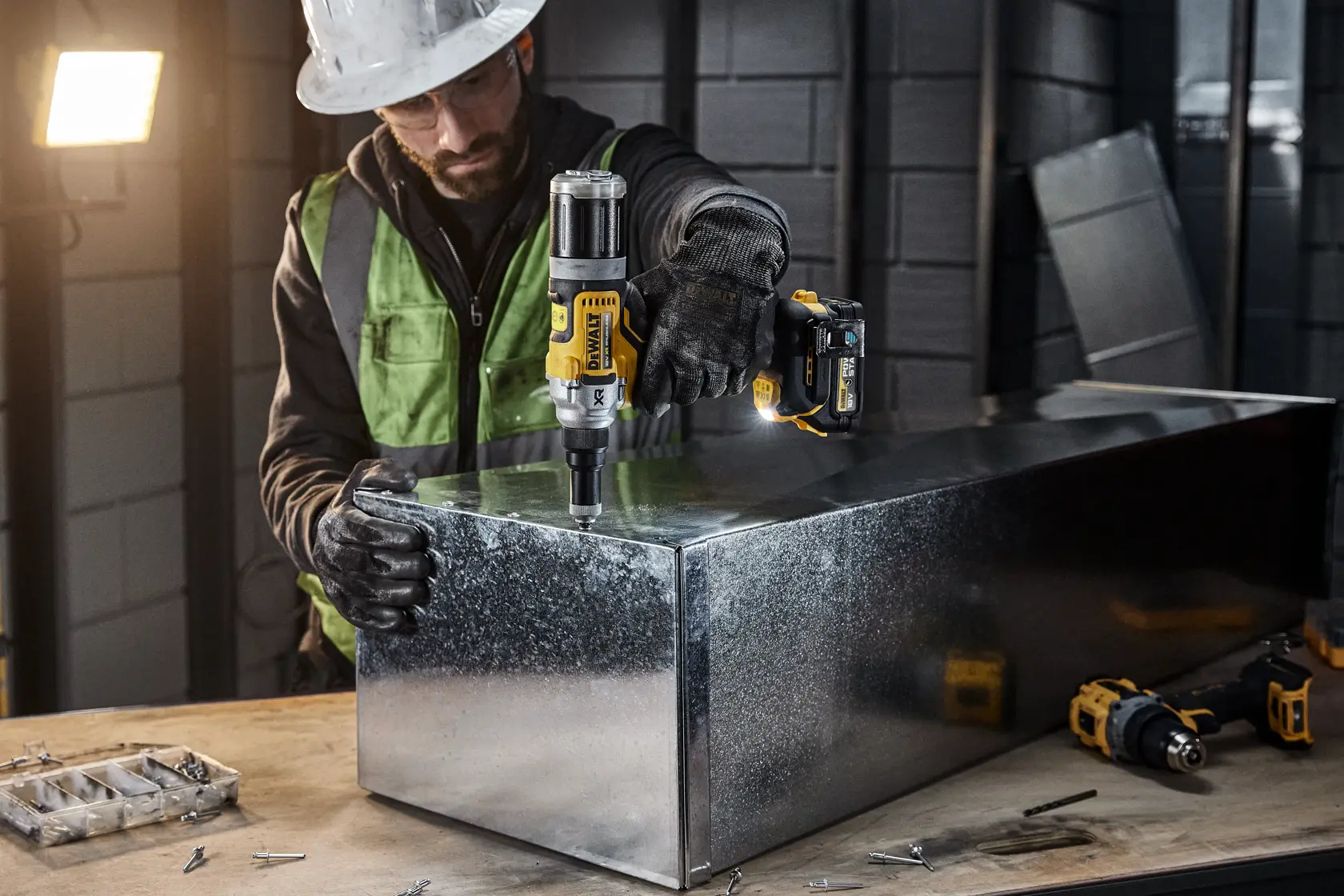 En person med verneutstyr bruker en DEWALT DCF414NT batteridrevet verktøy for å arbeide på en stor metallboks i et industrimiljø. Ulike verktøy og skruer er synlige på arbeidsbordet.