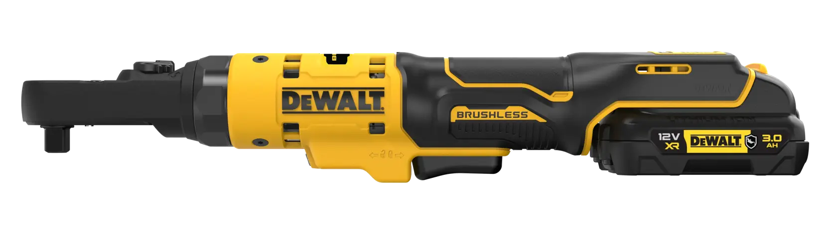 DEWALT cordless ratchet tool, brushless, yellow and black design, 12V XR 3.0Ah battery visible on handle.