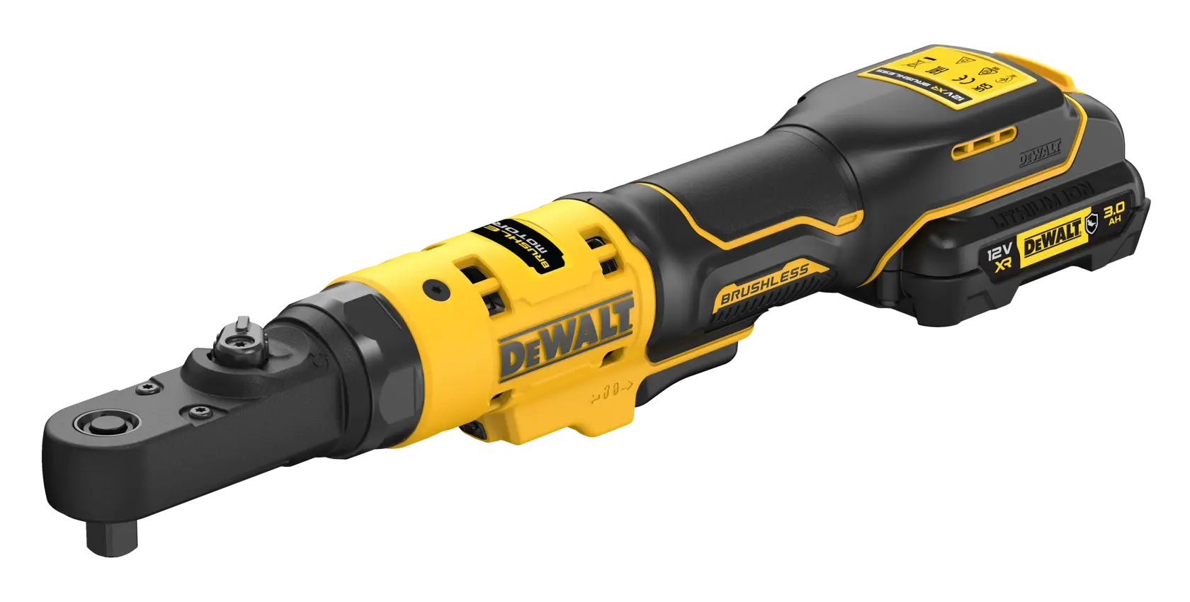 DEWALT cordless ratchet tool with brushless motor and 12V battery, shown in yellow and black.
