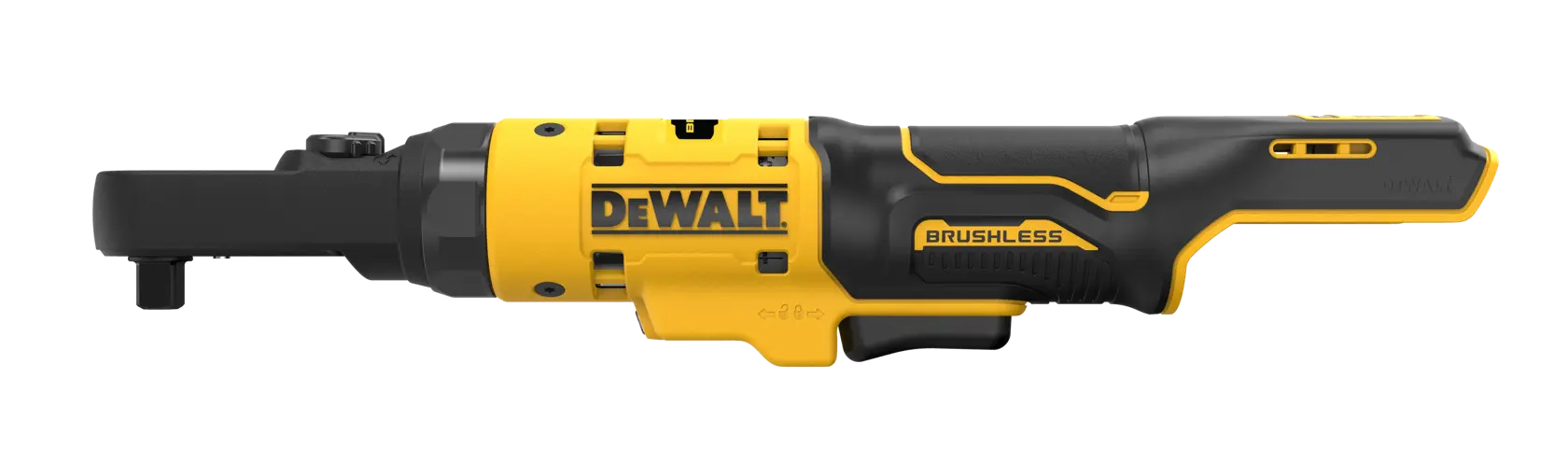 DEWALT DCF500N cordless brushless ratchet tool in yellow and black, shown from left side.