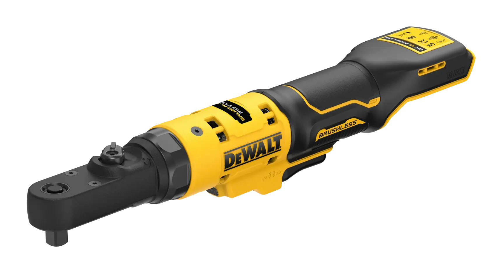 DEWALT brushless cordless ratchet tool, black and yellow, compact design for mechanical tasks.