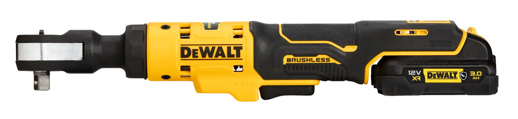 A DEWALT DCF503L1G 12V XR Brushless cordless ratchet tool with a yellow and black design, shown in a side view against a white background.
