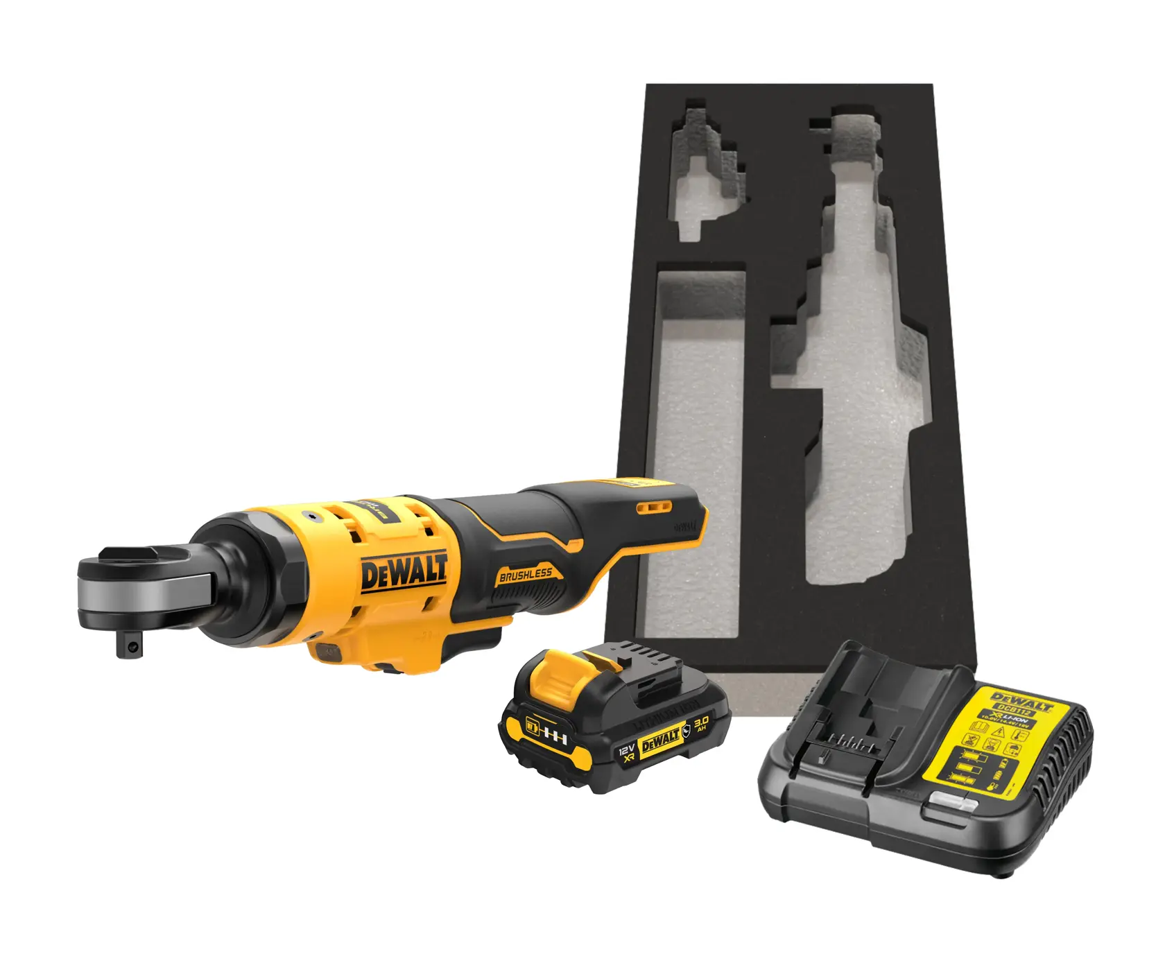 DEWALT cordless ratchet kit including a yellow and black brushless ratchet tool, a battery, a charger, and a custom foam tray for storage.