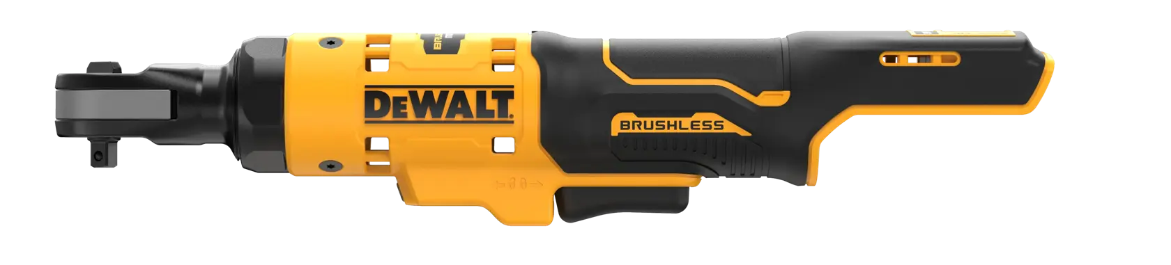Utensile a cricchetto brushless DEWALT senza fili, design ergonomico nero e giallo su sfondo bianco.