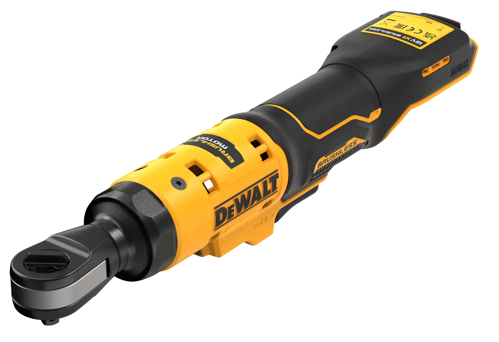 Chiave a cricchetto DEWALT DCF503N senza fili con motore brushless, gialla e nera.