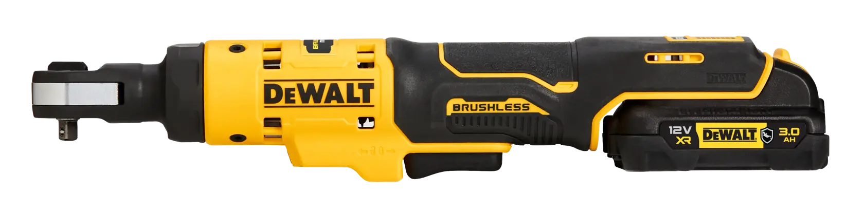 A DEWALT cordless ratchet tool, model DCF504L1G, in black and yellow colors with a brushless motor and a 12V XR lithium-ion battery.
