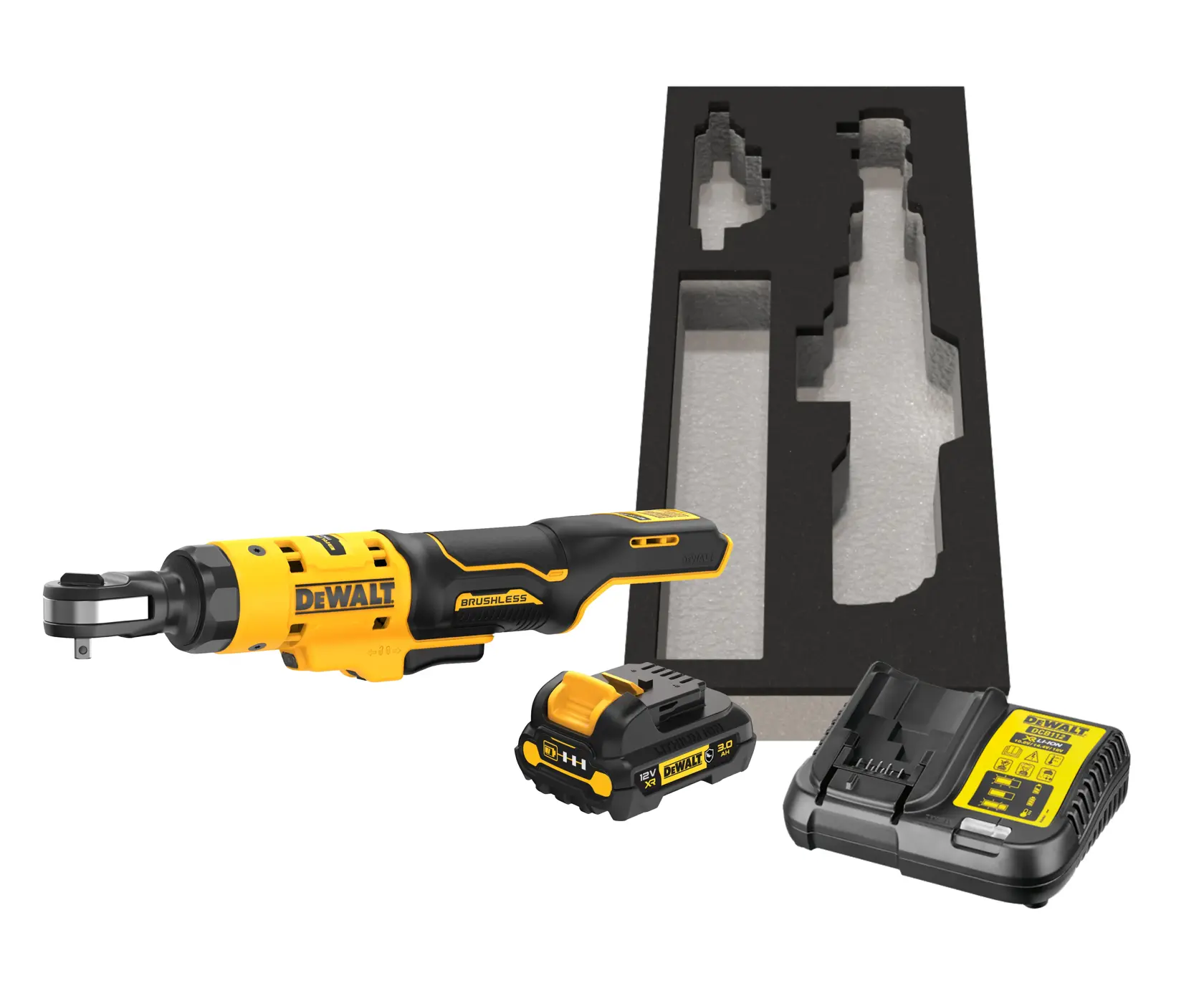 DEWALT cordless ratchet tool kit including a yellow and black ratchet tool, a battery, a battery charger, and a custom foam insert for storage.