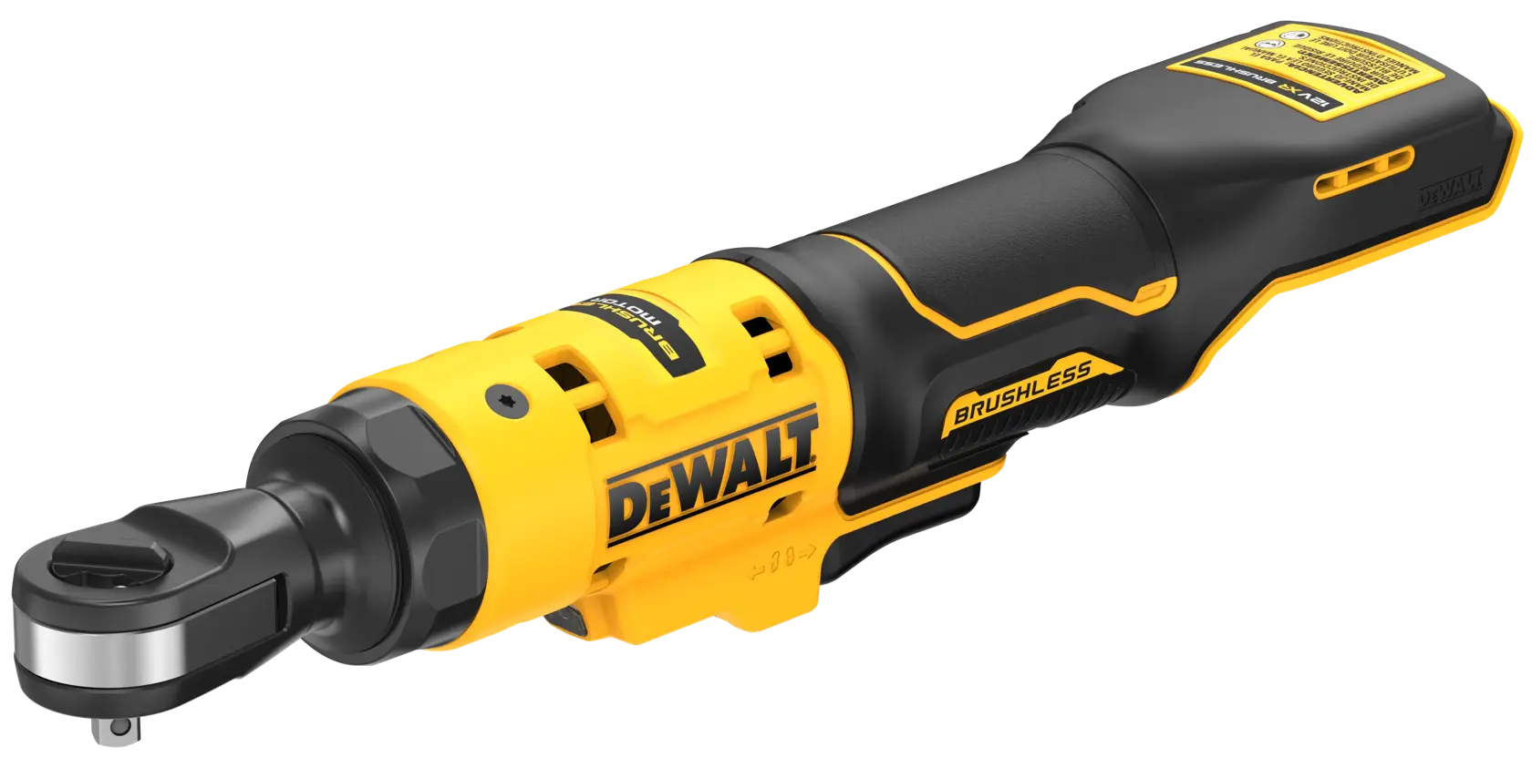 A DEWALT cordless brushless ratchet wrench, model DCF504N, featuring a yellow and black design.