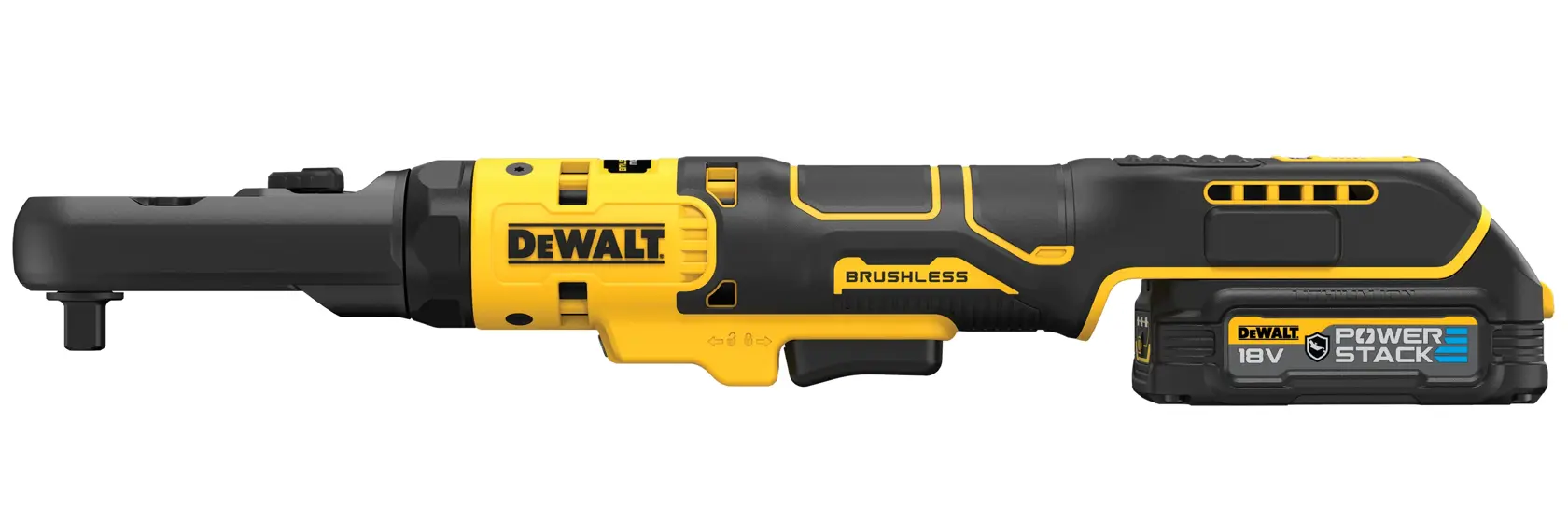 DEWALT cordless ratchet tool with brushless motor and 18V POWERSTACK battery, yellow and black design.