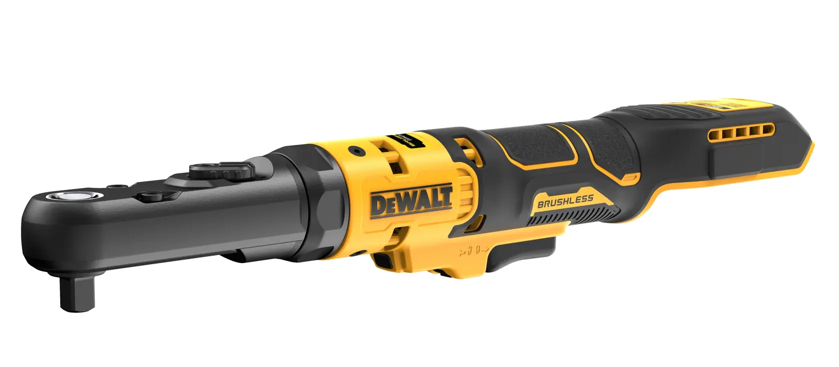 DEWALT DCF510N brushless cordless ratchet tool in yellow and black, isolated on a white background.