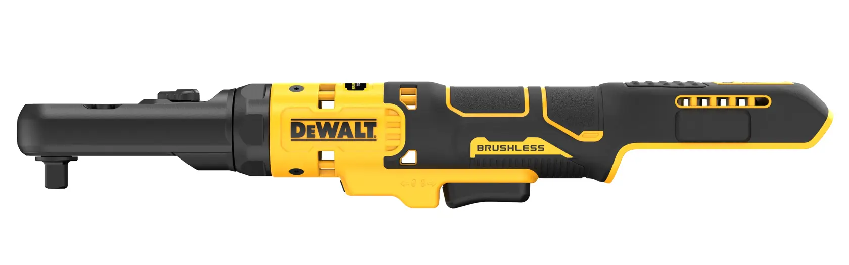 DEWALT DCF510N cordless ratchet tool in yellow and black, shown in side profile on a white background.