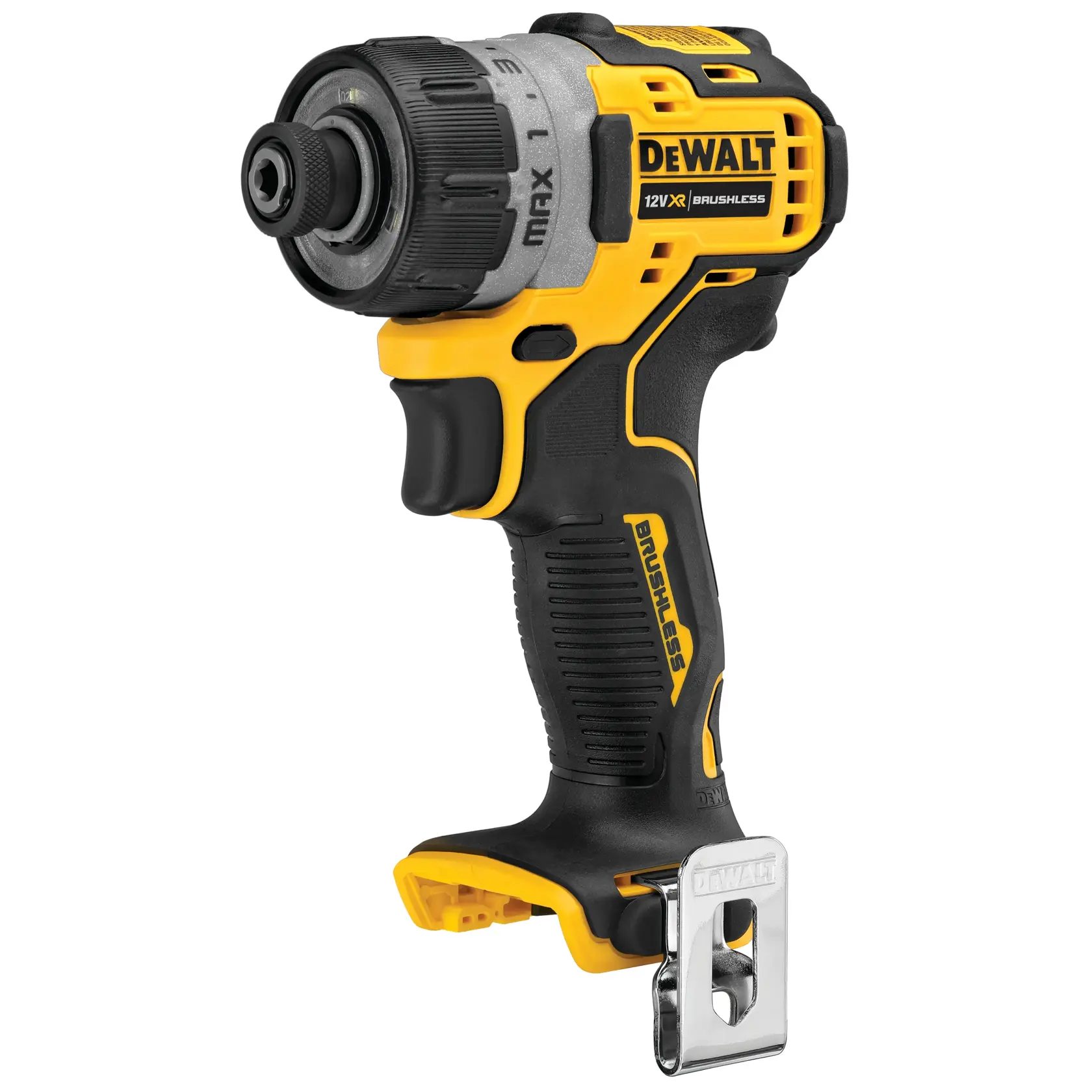DEWALT DCF601N cordless brushless screwdriver, yellow and black, compact design, without battery.