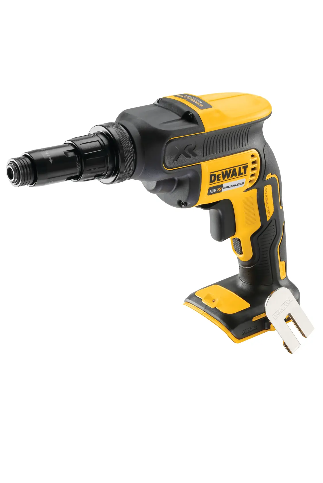 DEWALT cordless drywall screwdriver with ergonomic handle, yellow and black, shown without battery on white background.