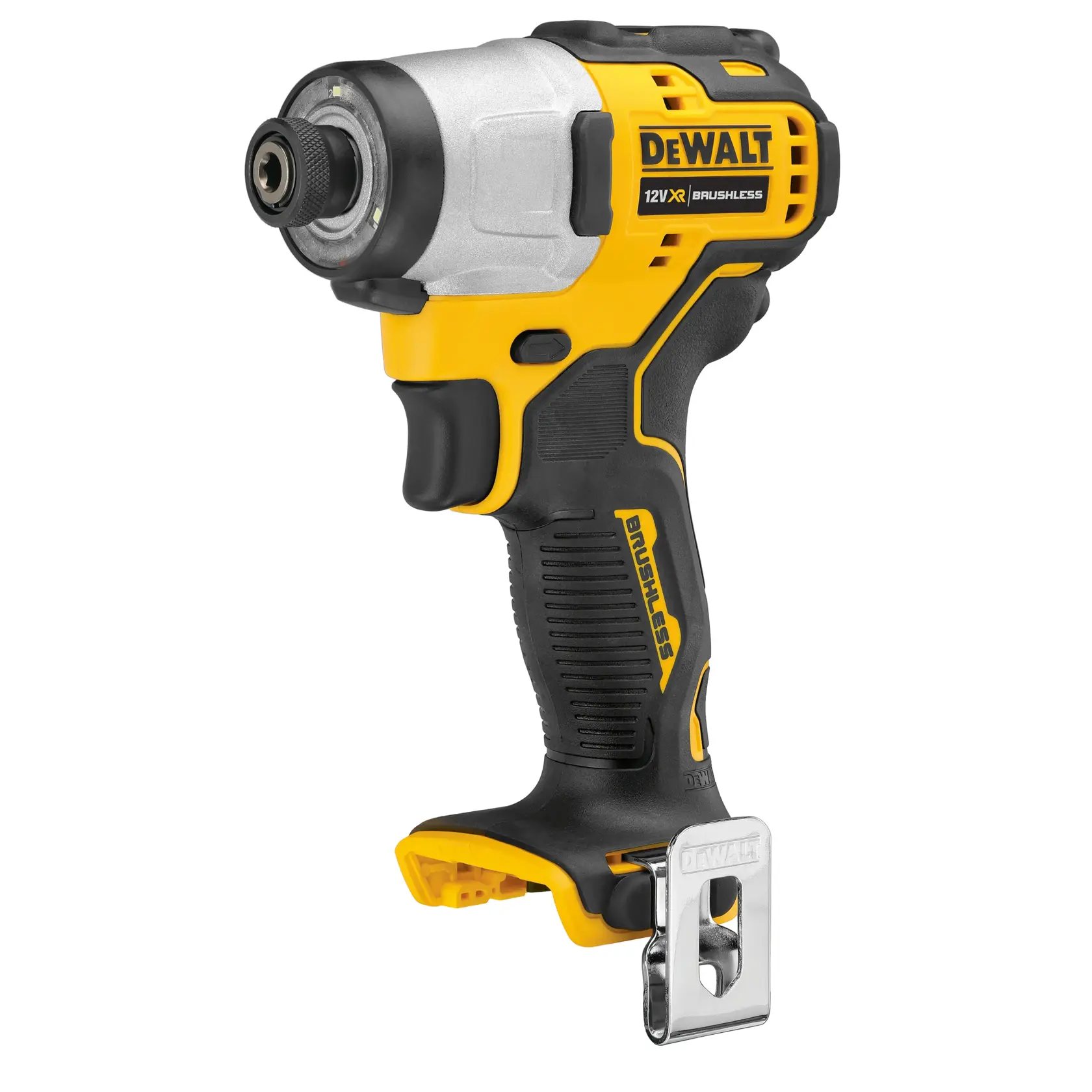 DEWALT DCF801N 12V cordless impact driver with brushless motor, black and yellow, shown without battery.
