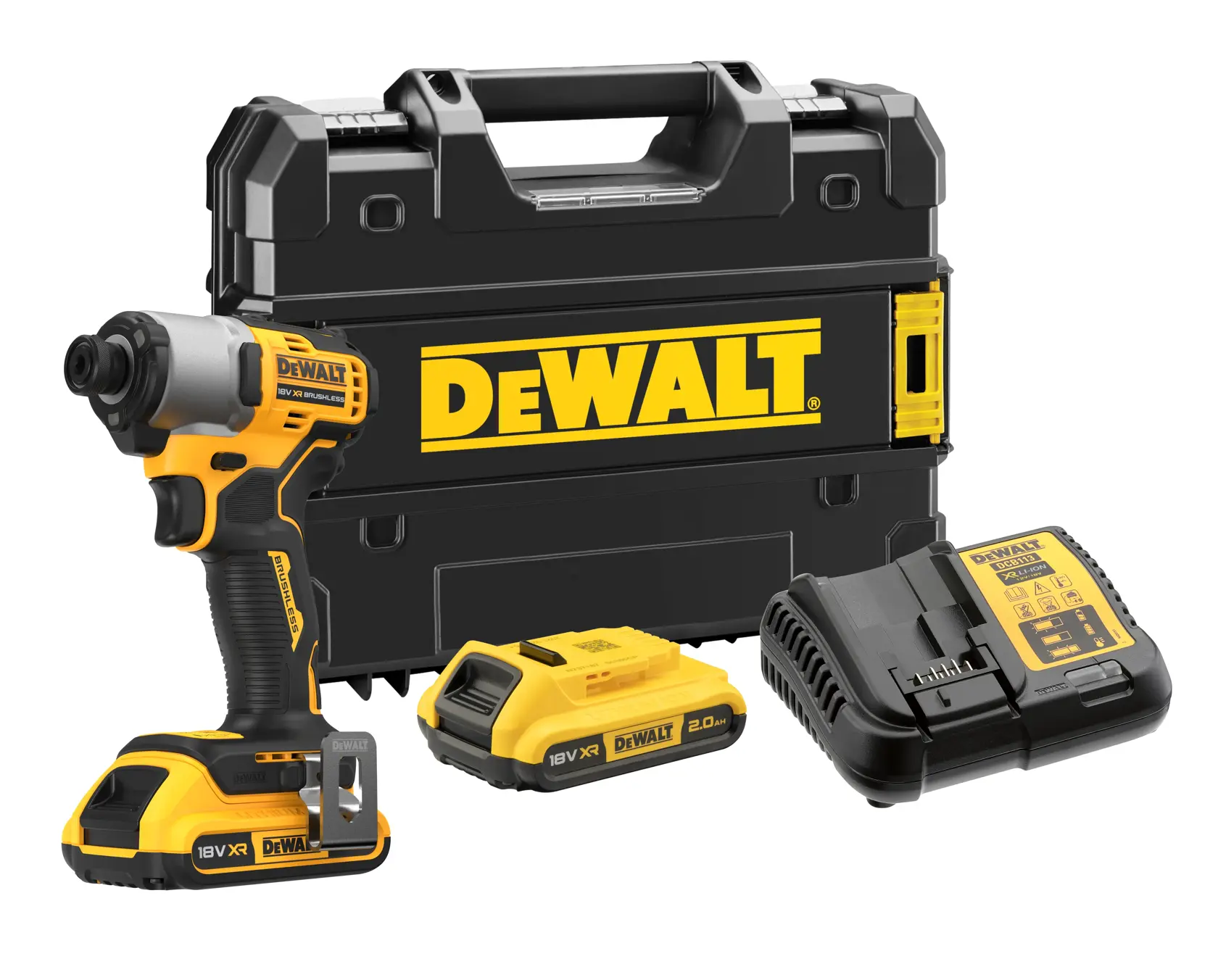 Kit avvitatore a impulsi senza fili DEWALT con avvitatore a impulsi XR 18V, due batterie da 2,0Ah, caricabatteria e grande valigetta nera con logo DEWALT.