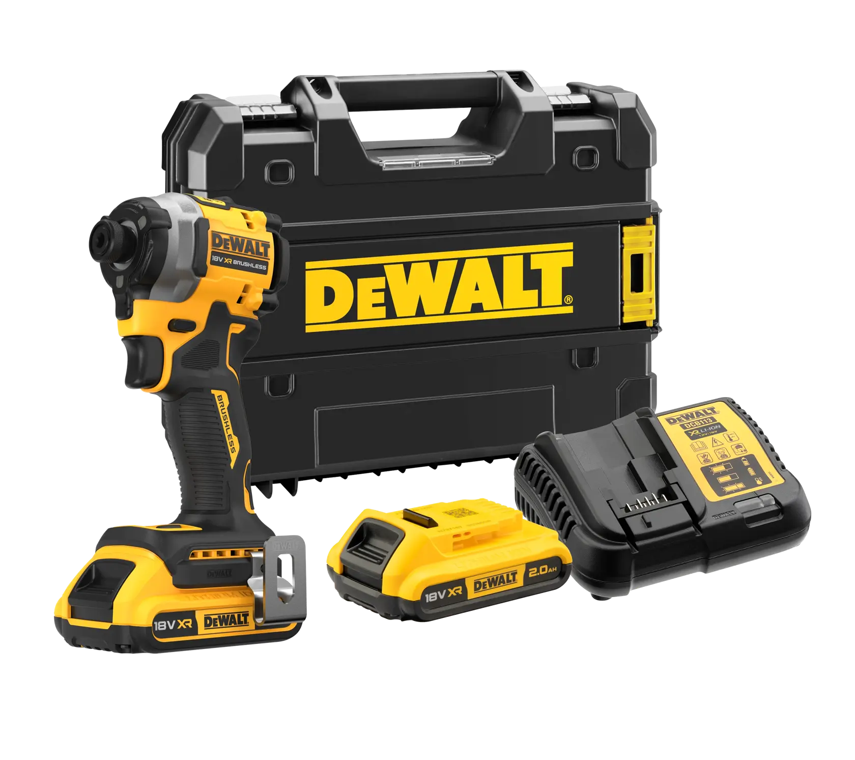 DEWALT DCF850D2T-QW, DCF850D2T impact driver set with battery, charger, and case.