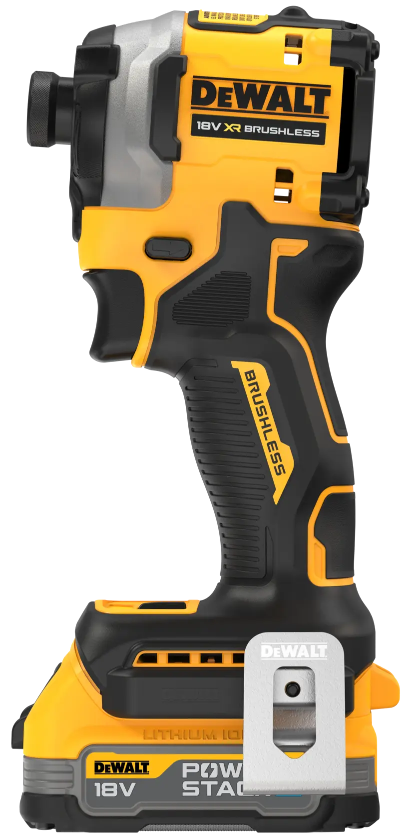 Avvitatore a impulsi a batteria DEWALT 18V XR Brushless giallo e nero, mostrato di profilo con la batteria inserita alla base.