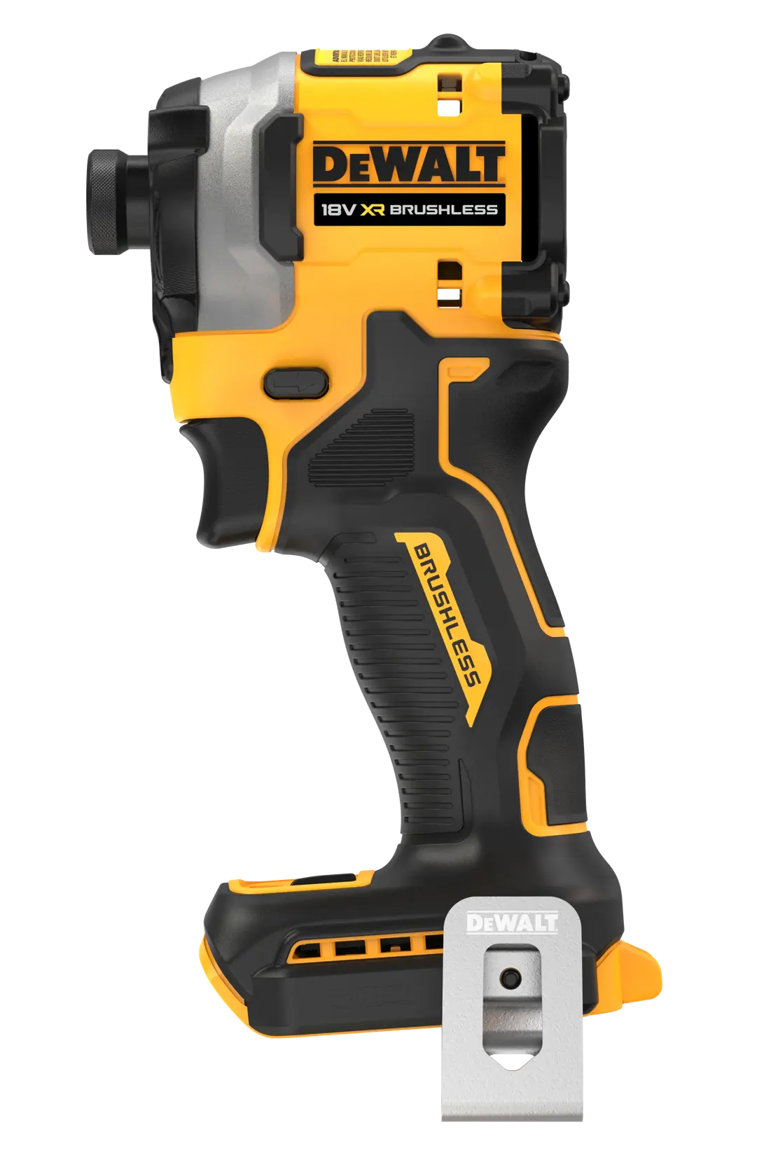 DEWALT 18V XR Brushless impact driver DCF850NT, black and yellow, side view, tool only, no battery.