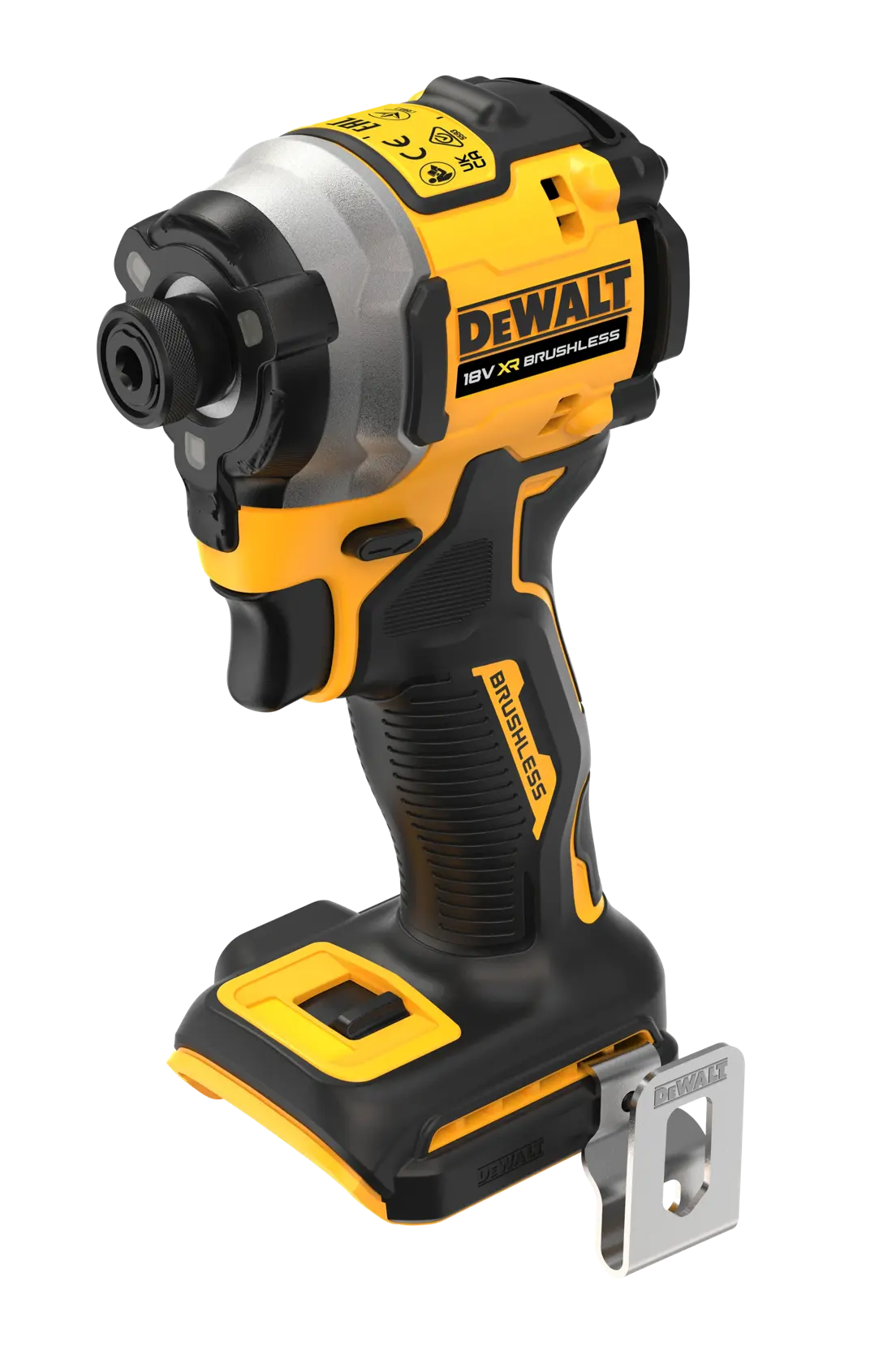 DEWALT 18V XR brushless impact driver, shown without battery, black and yellow design with metal clip.