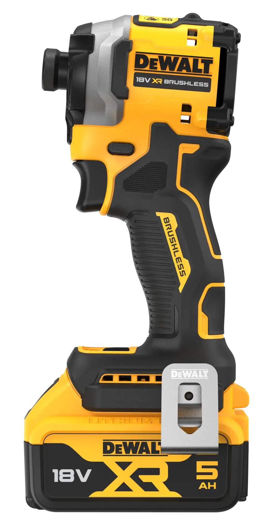 DEWALT 18V XR Brushless cordless impact driver with 5Ah battery, black and yellow body, side view.