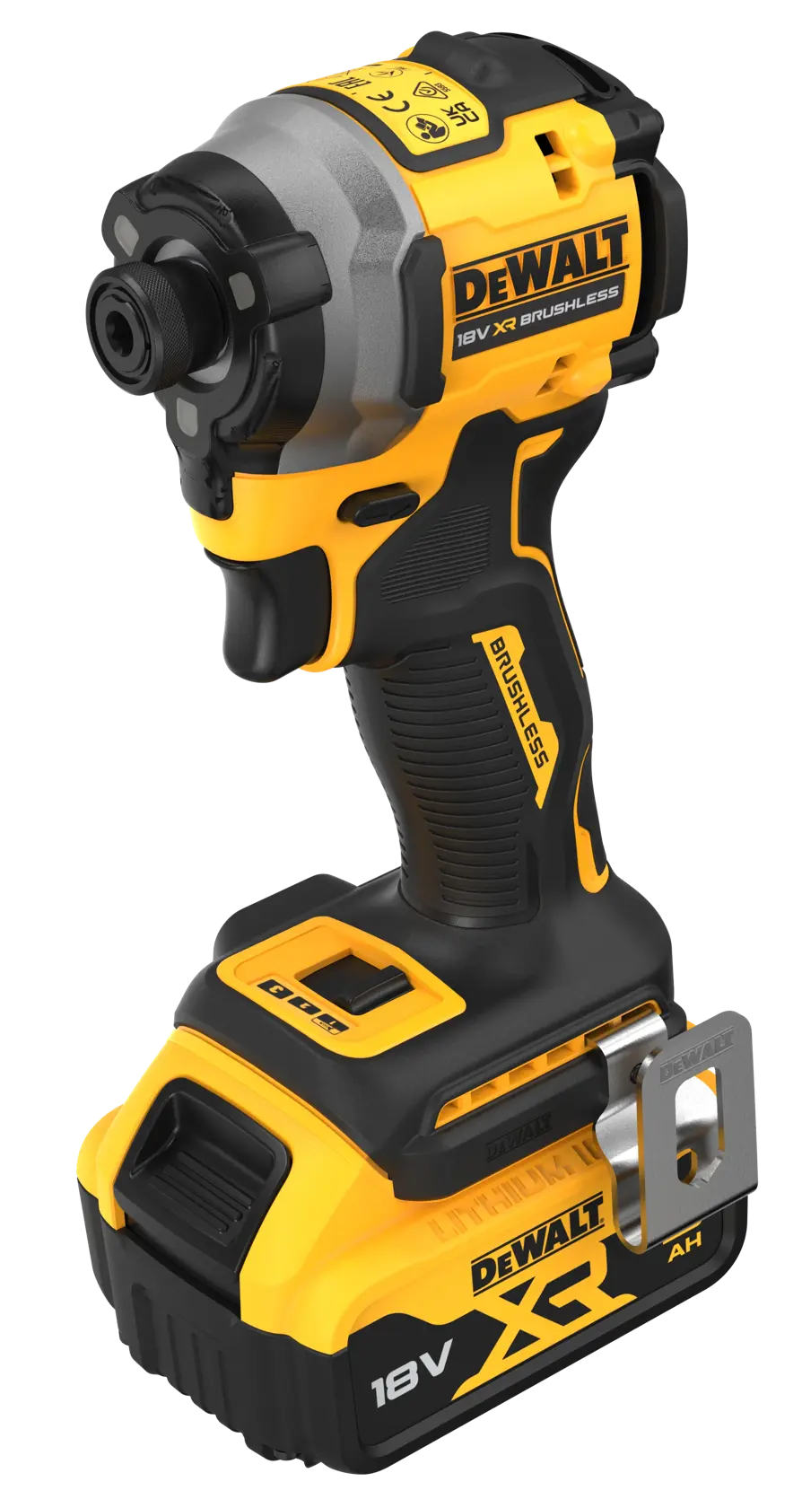 DEWALT 18V XR cordless impact driver with brushless motor, yellow and black, with battery attached.