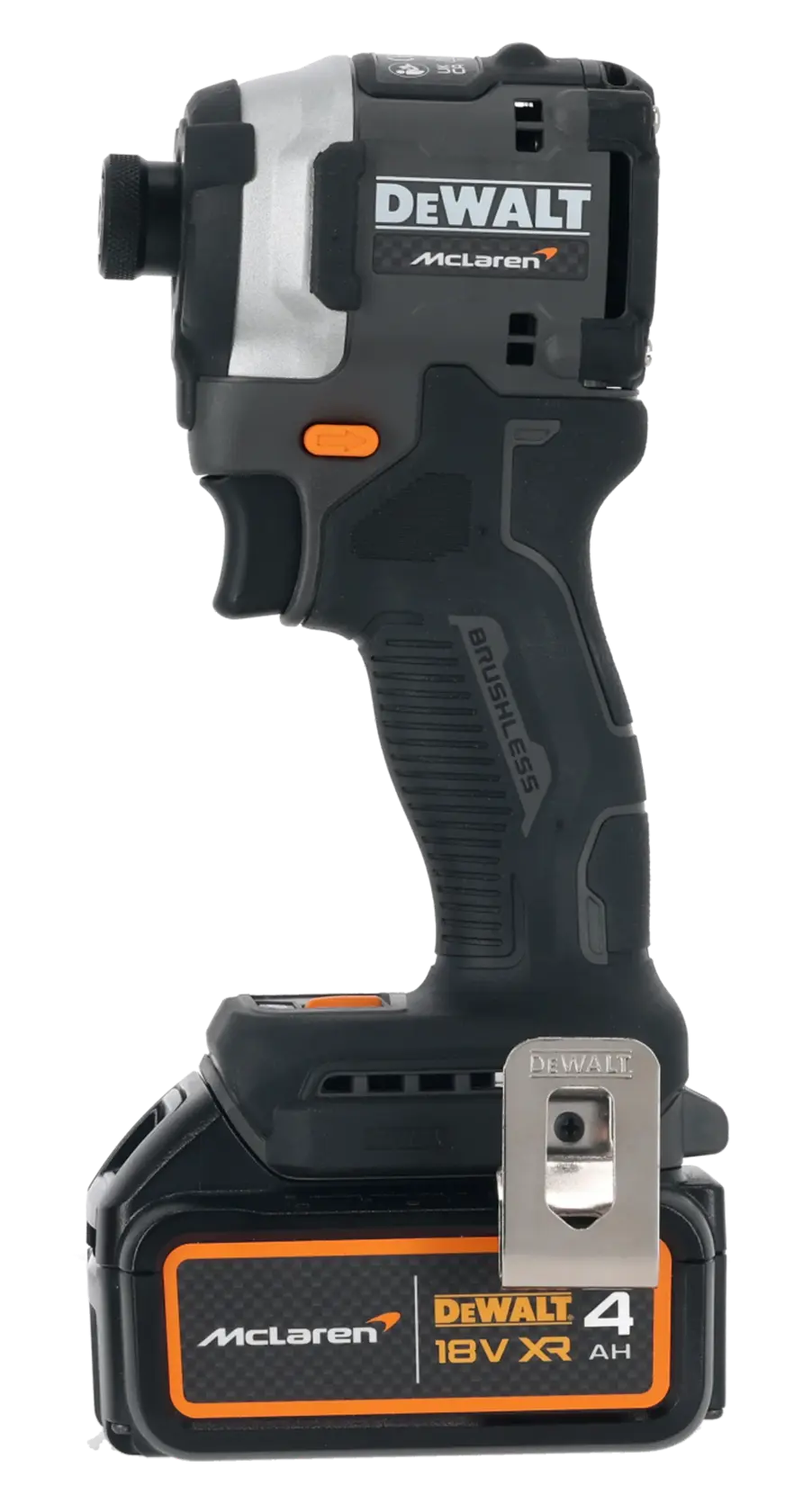 DEWALT McLaren 18V XR cordless impact driver with a brushless motor and 4Ah battery, black and orange design.