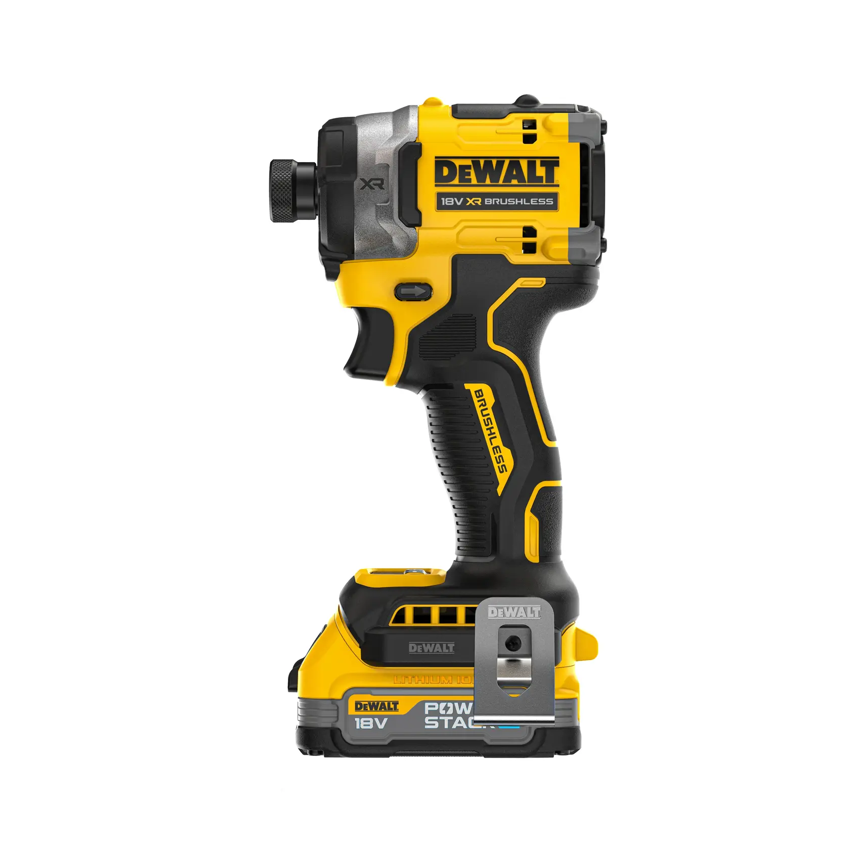 DEWALT 18V XR brushless impact driver with battery, yellow and black body, side view.