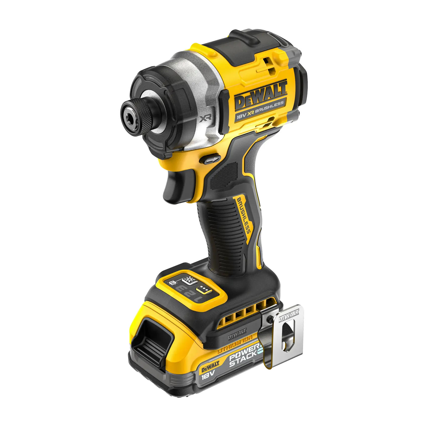 DEWALT 18V cordless impact driver in yellow and black, with brushless motor and PowerStack battery.
