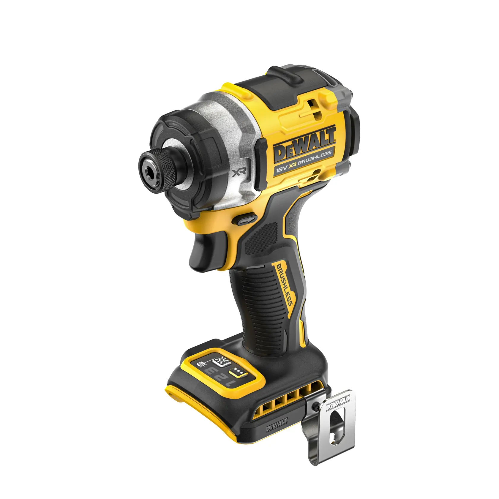Avvitatore a impulsi DEWALT DCF860NT cordless giallo e nero, in piedi senza batteria.