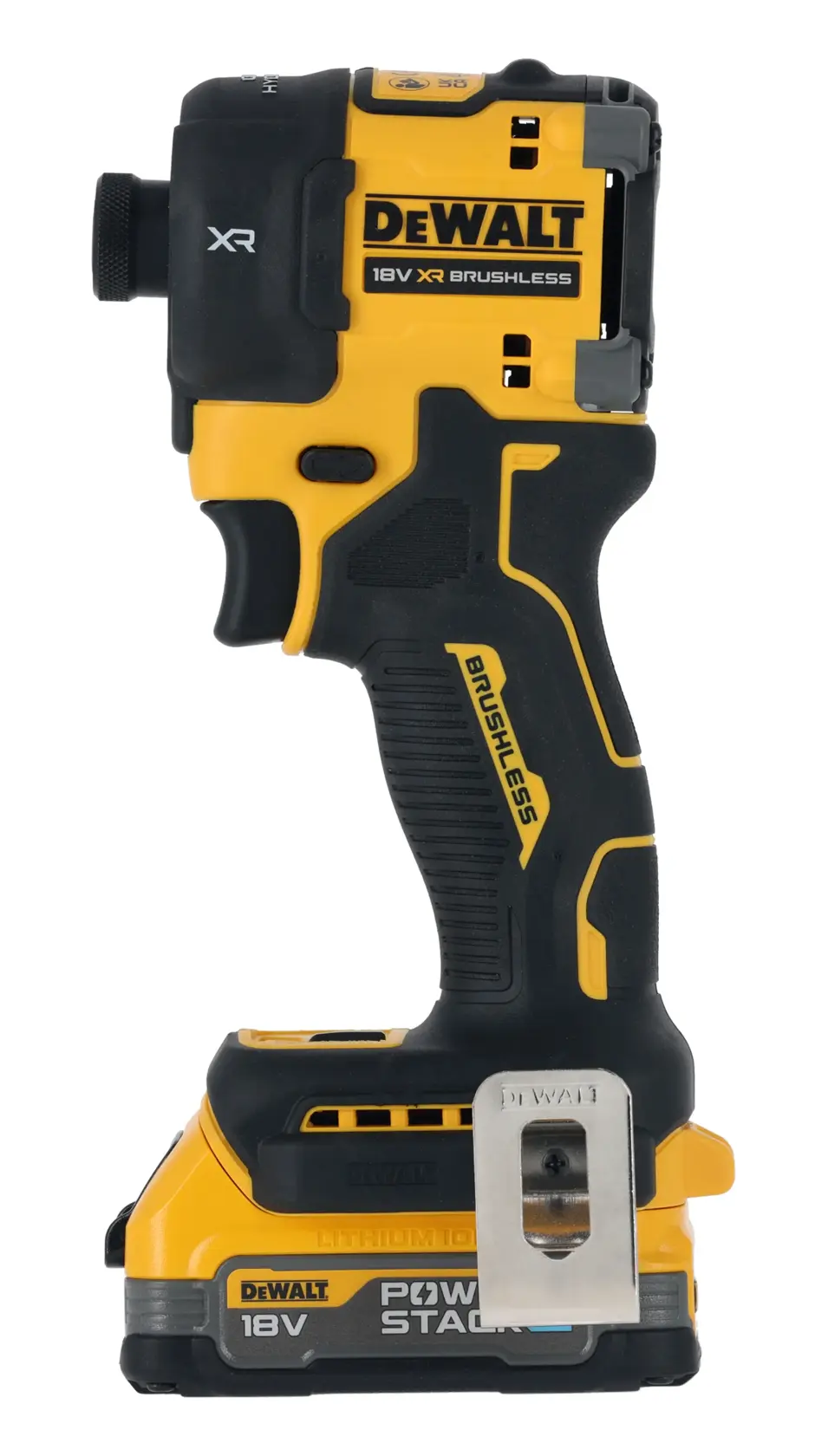 DEWALT 18V XR Brushless impact wrench in yellow and black with lithium battery and belt clip.