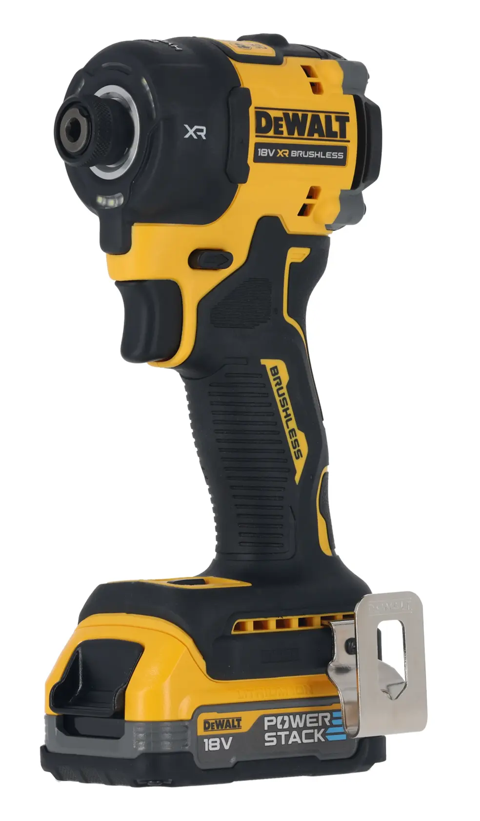 DEWALT 18V XR brushless impact driver with POWERSTACK battery, yellow and black, shown from the side.