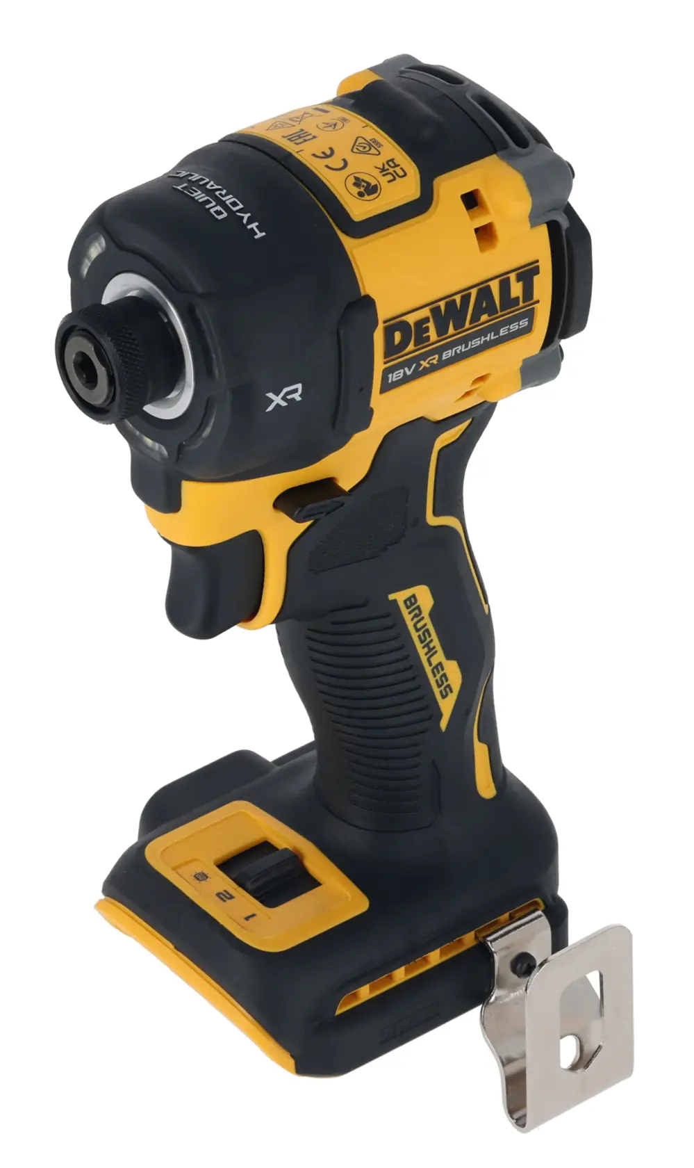 DEWALT cordless impact driver, yellow and black, brushless, 18V XR, tool only, no battery attached.