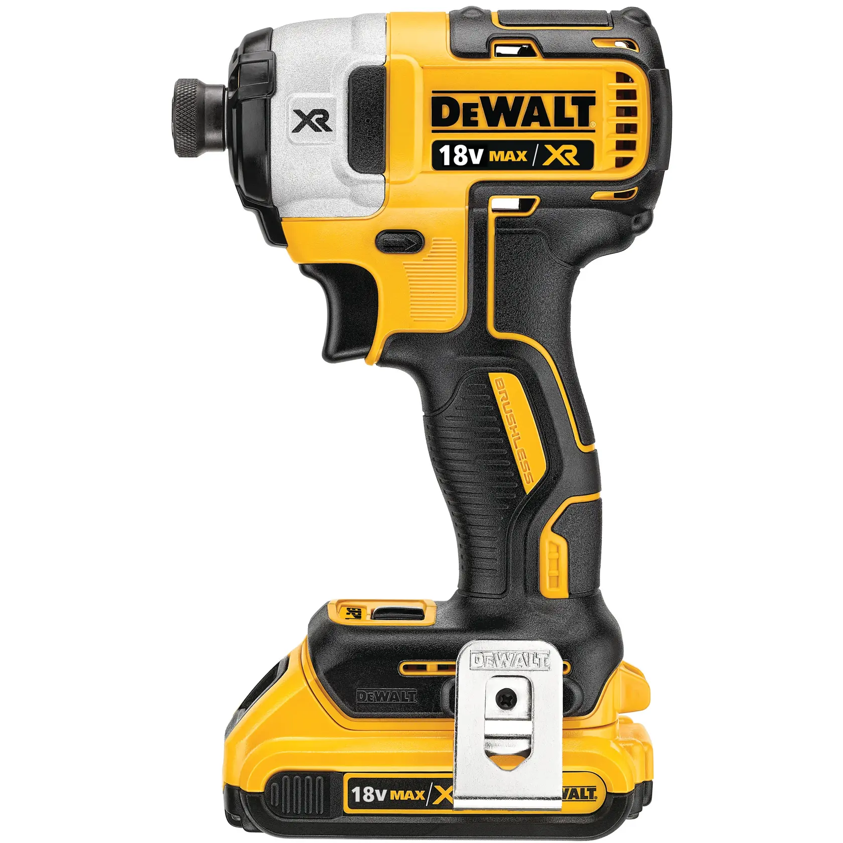 Avvitatore a impulsi a batteria DEWALT 18V XR giallo e nero, modello DCF887D2, mostrato di lato con marchio visibile e batteria collegata.